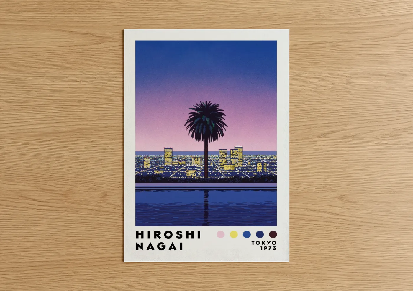 Art print on warm oak wood — blue and pink palette — Palm Tree Cityscape Sunset Wall Art poster