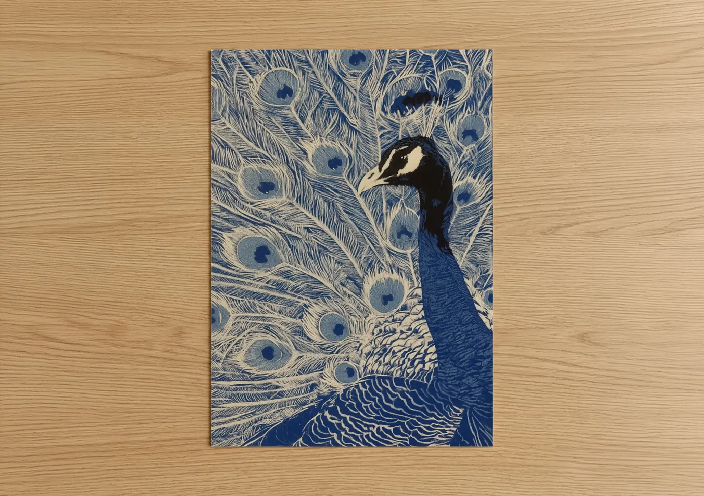 Art print on warm oak wood — blue and white palette — Royal Peacock poster