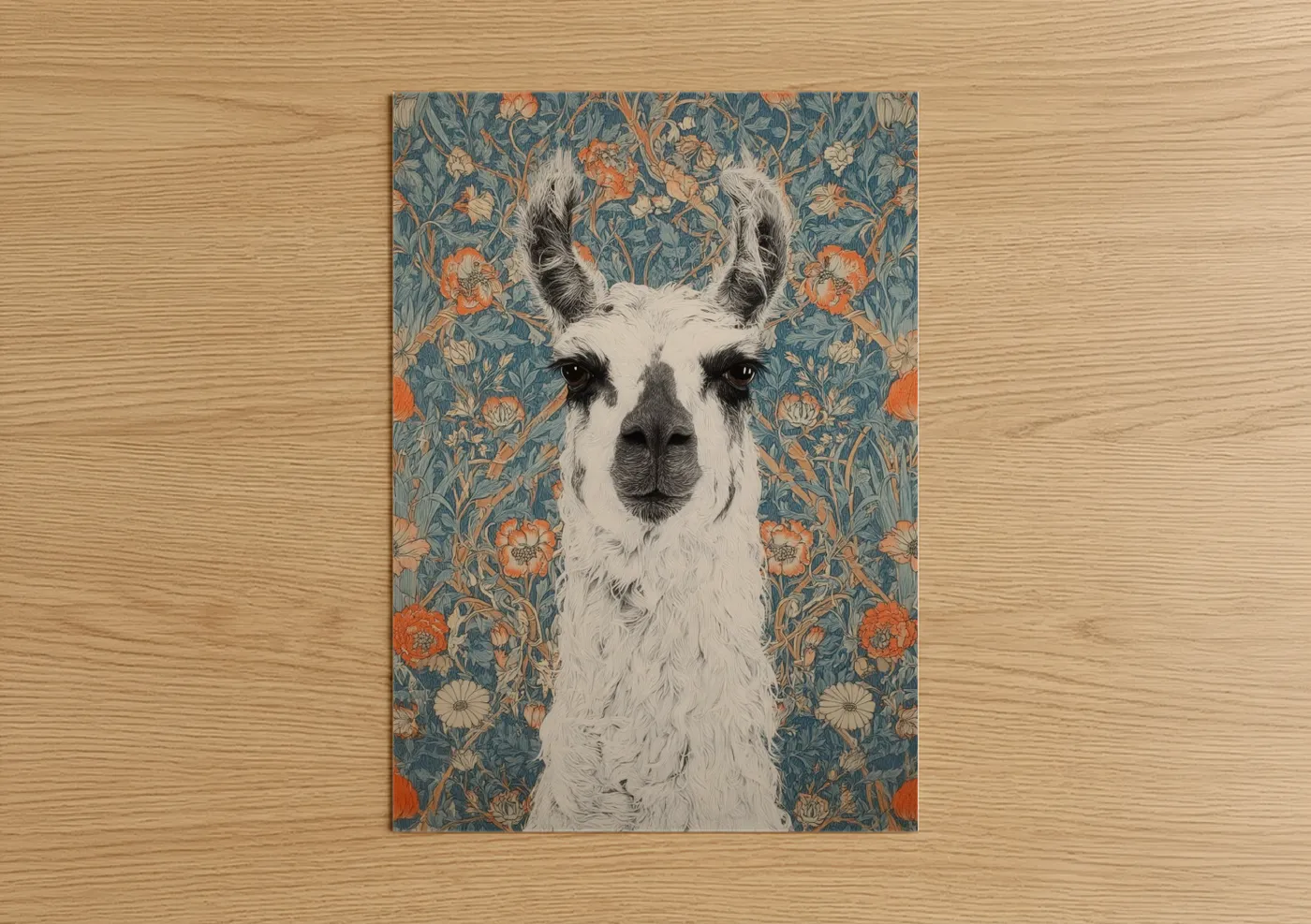 Art print on warm oak wood — blue and orange palette — Floral Llama Portrait poster