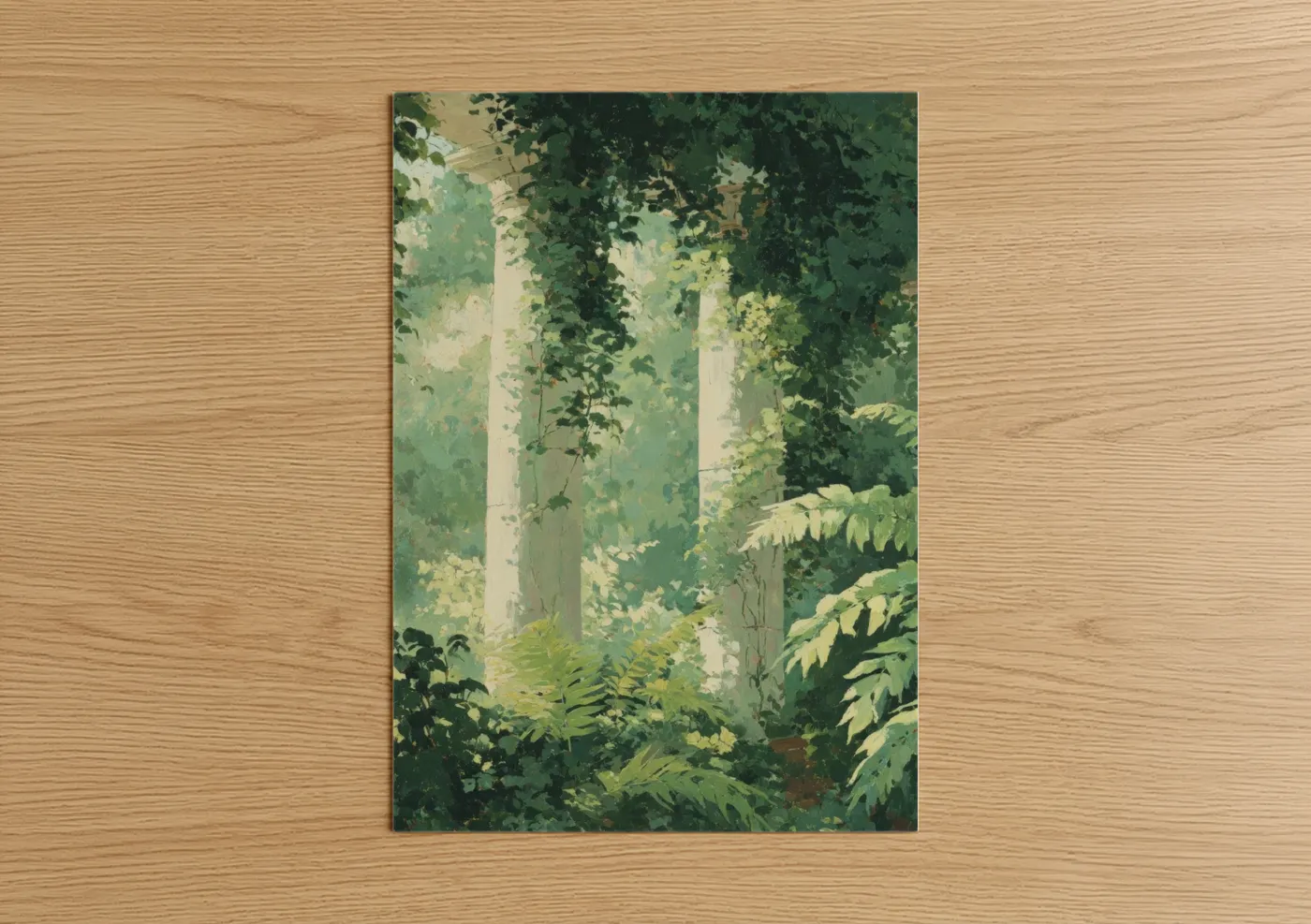 Art print on warm oak wood — green and cream palette — Verdant Columns poster