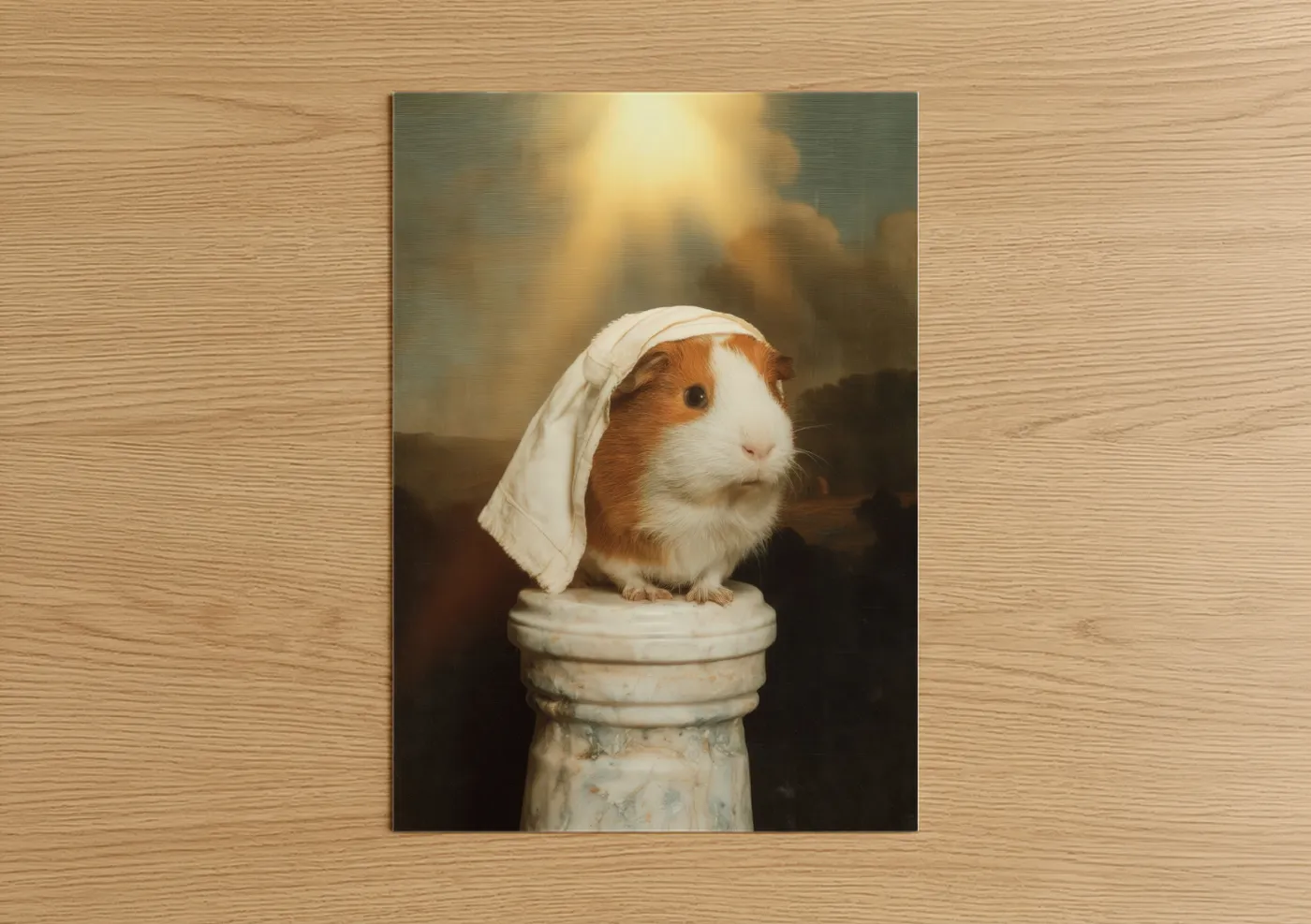 Art print on warm oak wood — cream and gold palette — Contemplative Guinea Pig poster
