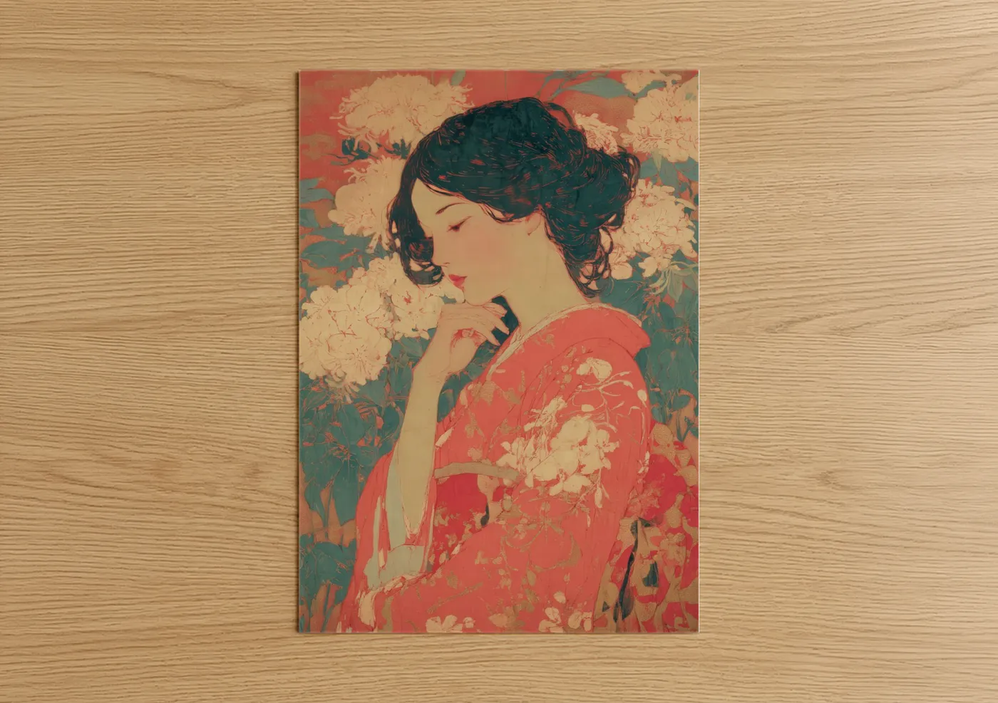 Vintage Fashion Woman in Red Kimono Wall Art