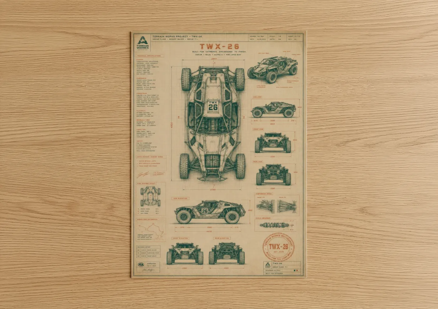 Car art print on warm oak wood — beige and dark green palette — Off-Road Racing Vehicle Blueprint Wall Art poster