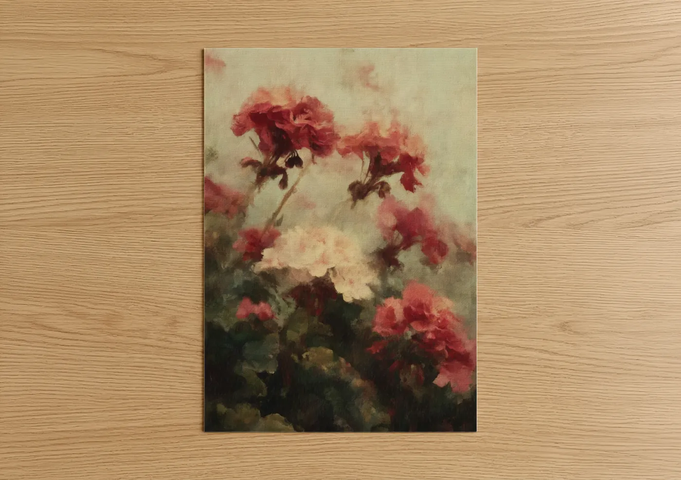 Art print on warm oak wood — red and cream palette — Crimson Geranium Vintage poster