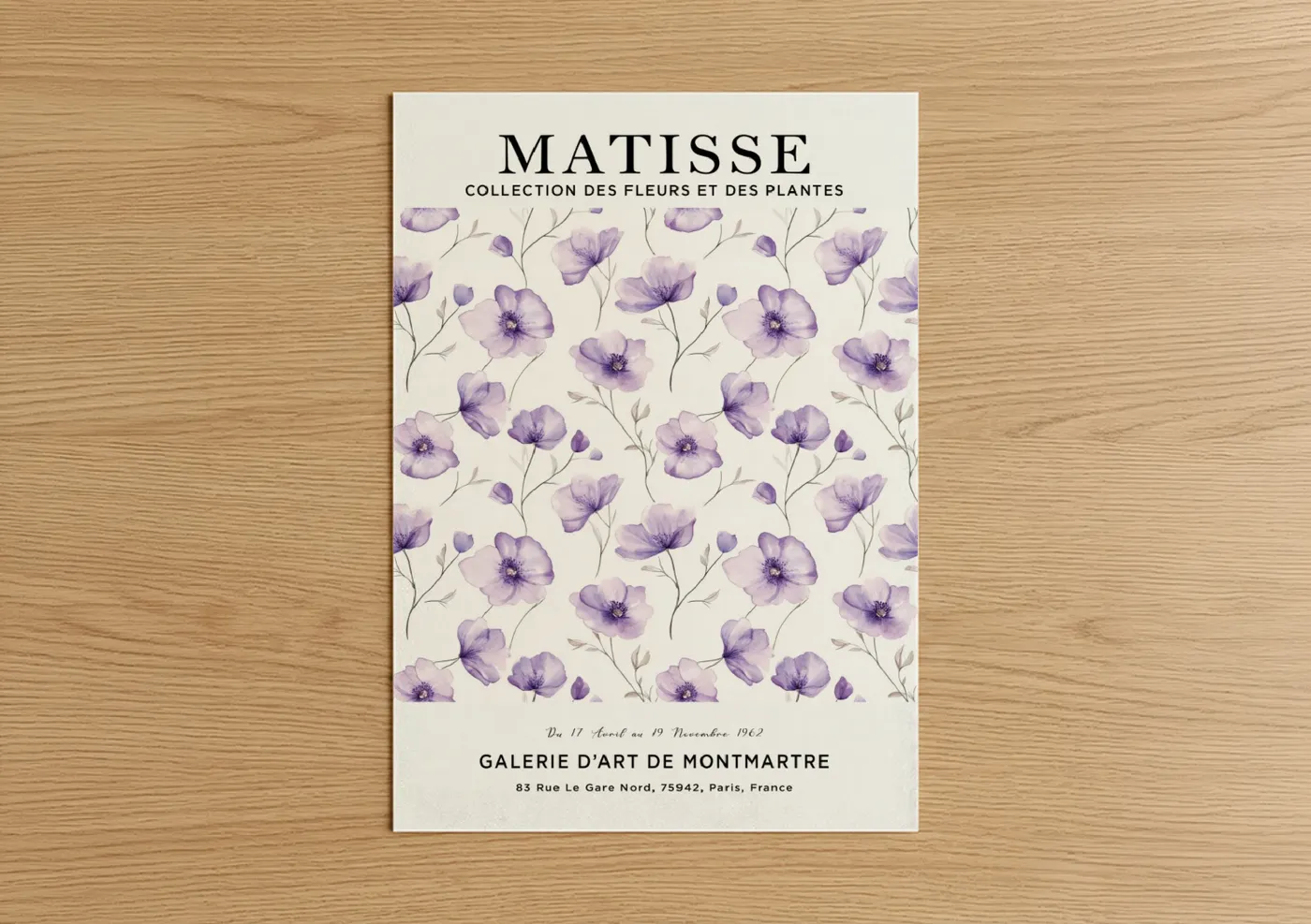 Abstract flower art print on warm oak wood — lavender and cream palette — Lavender Matisse poster