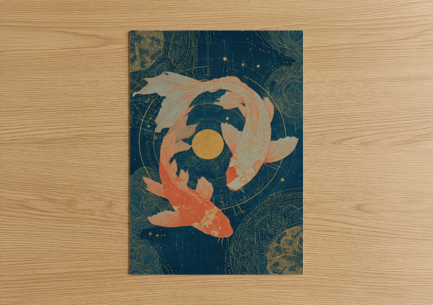 Art print on warm oak wood — dark blue and gold palette — Celestial Pisces poster