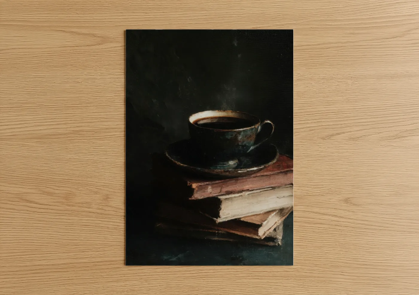 Art print on warm oak wood — black and white and gold palette — Vintage Coffee Pause poster
