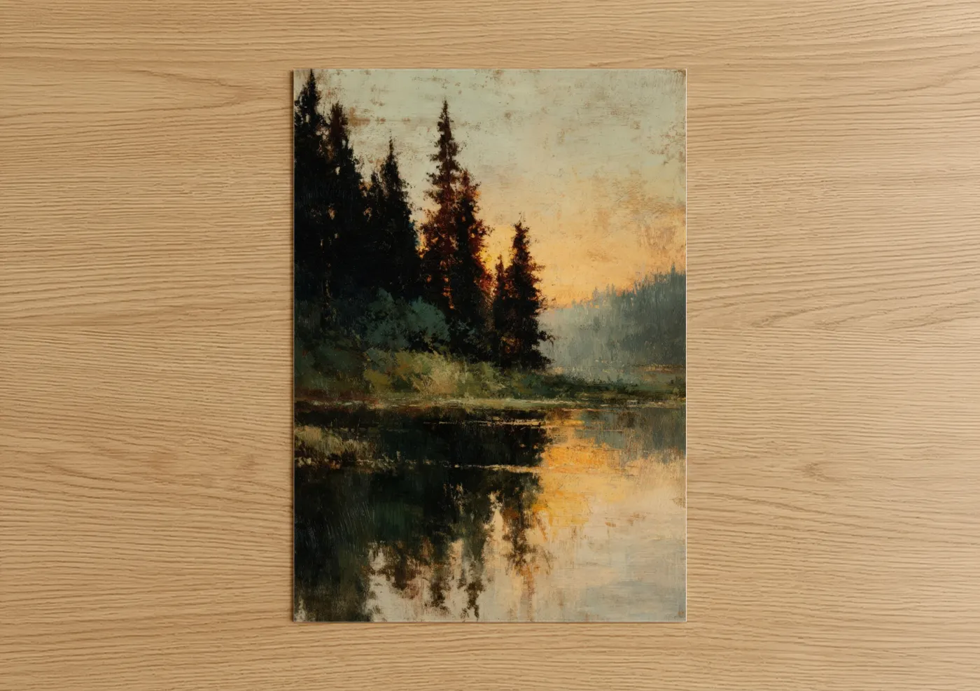 Misty Pine Forest Lake Reflection Wall Art