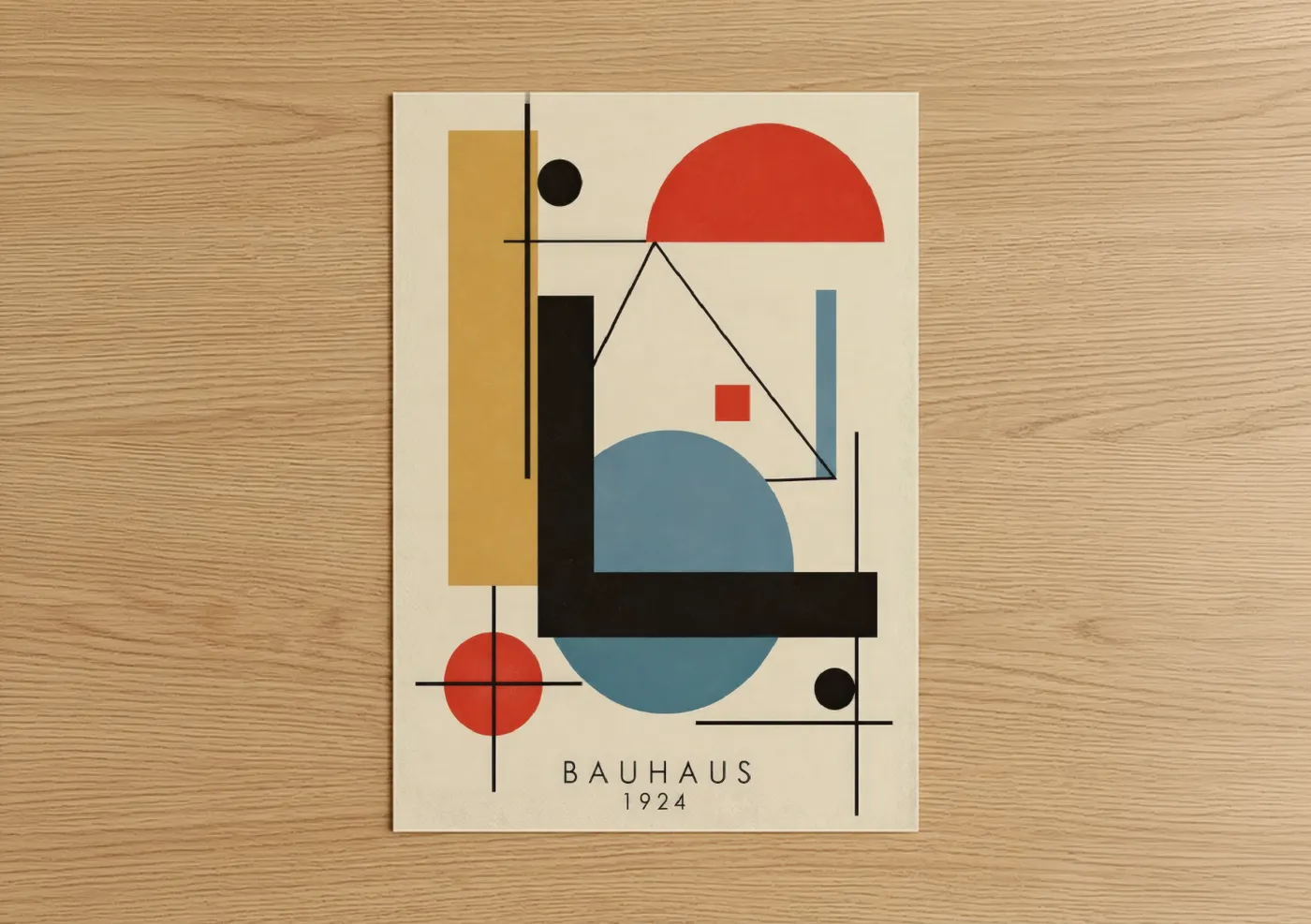 Abstract geometric art print on warm oak wood — beige and blue palette — Bauhaus Geometric Abstract Wall Art poster