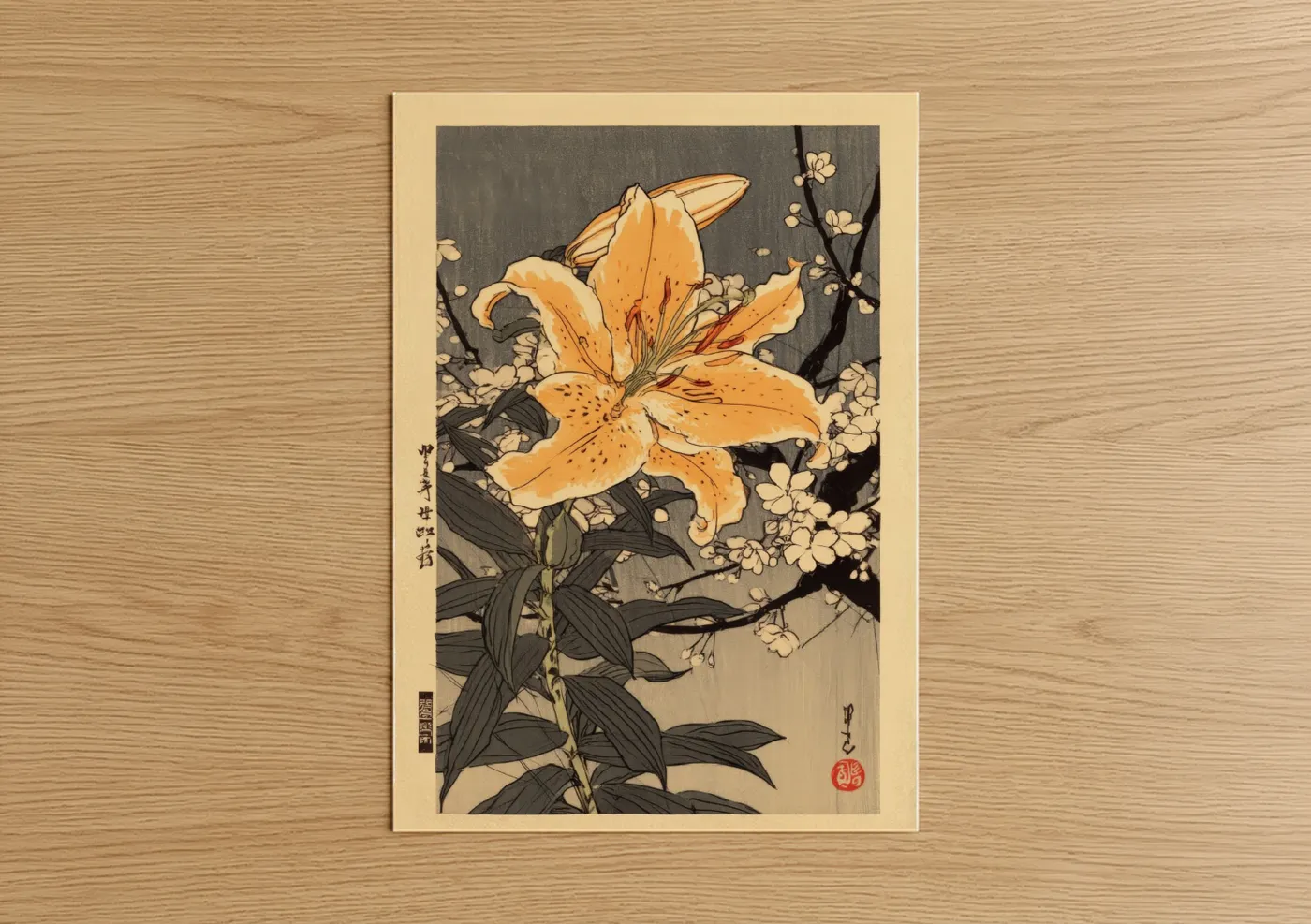 Amarillys art print on warm oak wood — gold and black and white palette — Golden Amaryllis poster