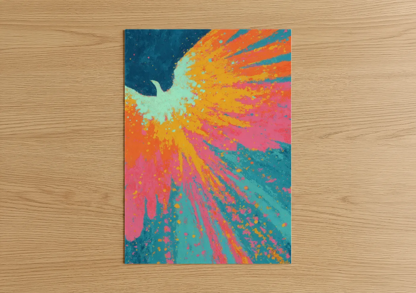 Astroids and comets art print on warm oak wood — orange and teal palette — Cosmic Burst poster