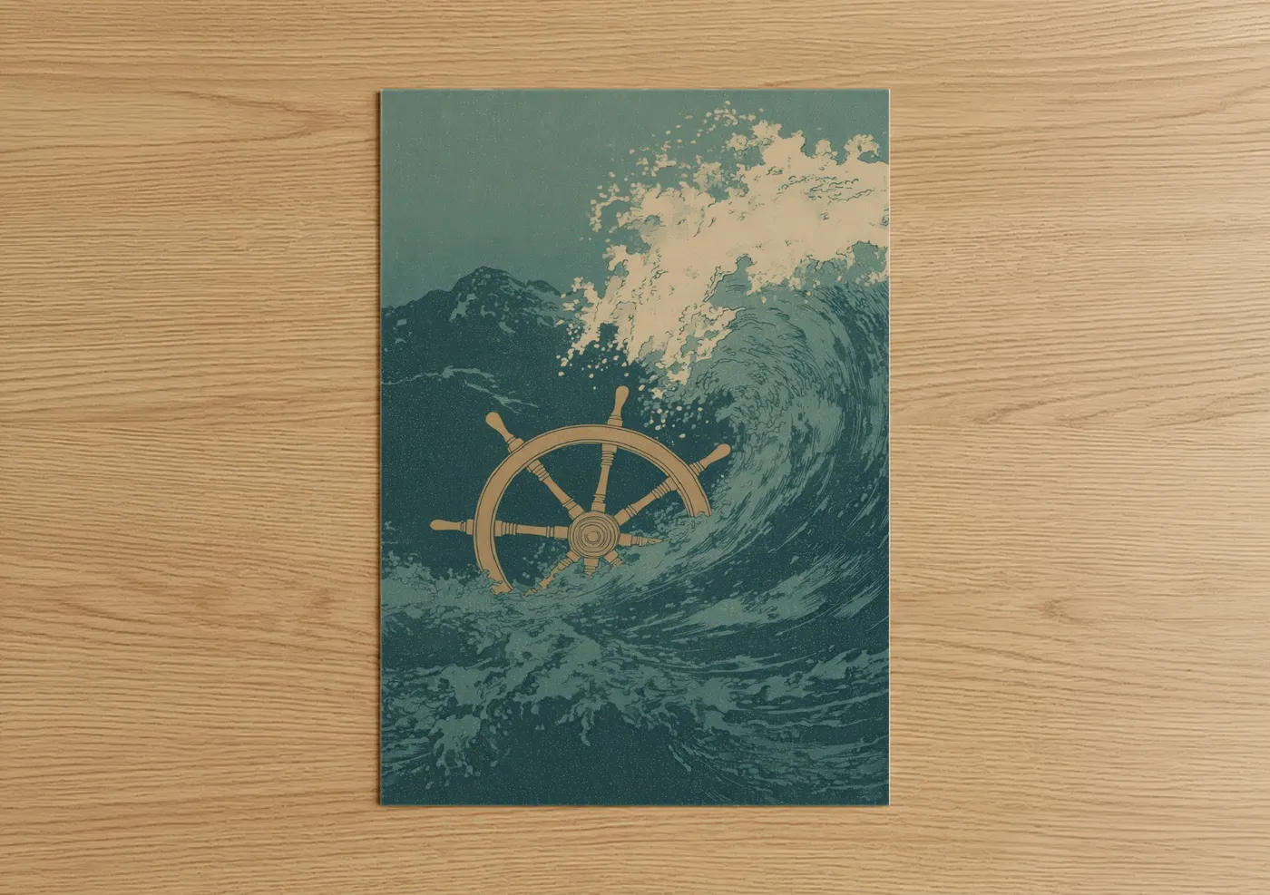 Shipwheel art print on warm oak wood — teal and gold palette — Nautical Helm Waves poster