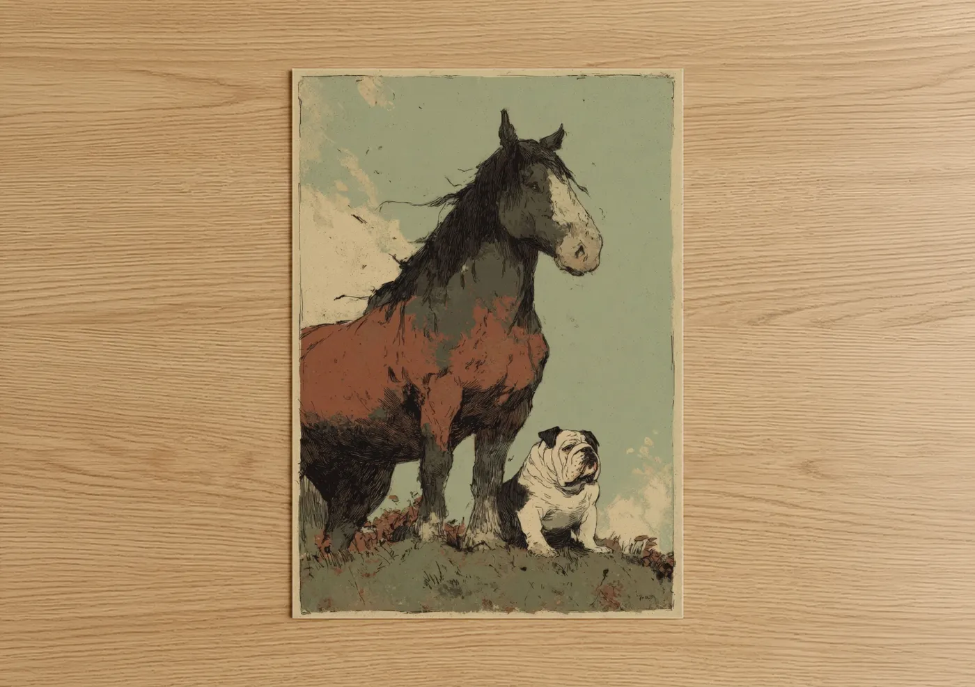 Art print on warm oak wood — beige and sage green palette — Vintage Horseback Pair poster