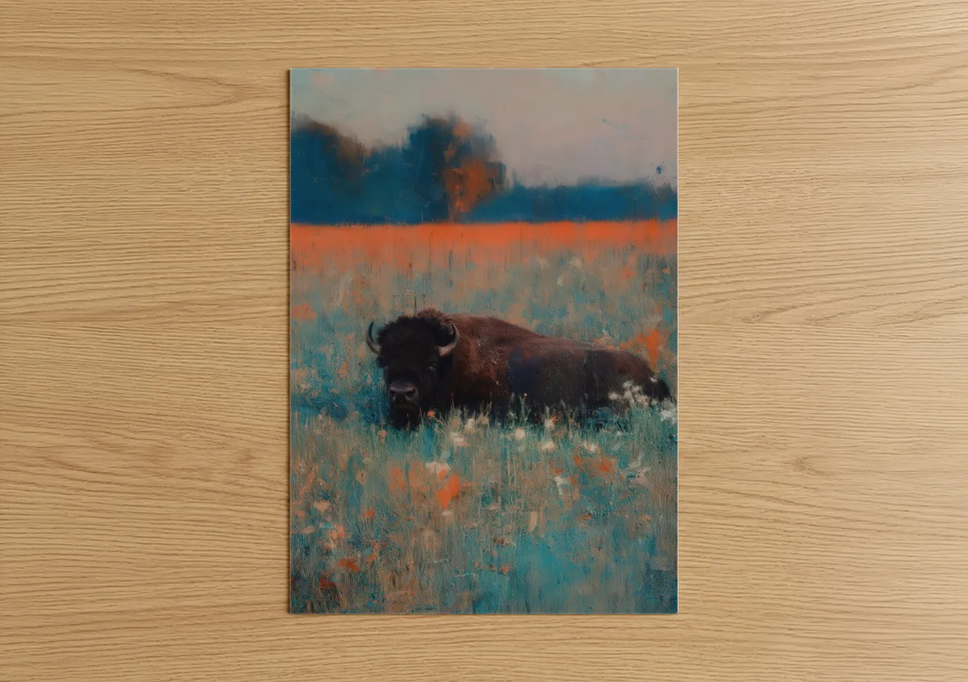 Bison in Orange Prairie Landscape Wall Art