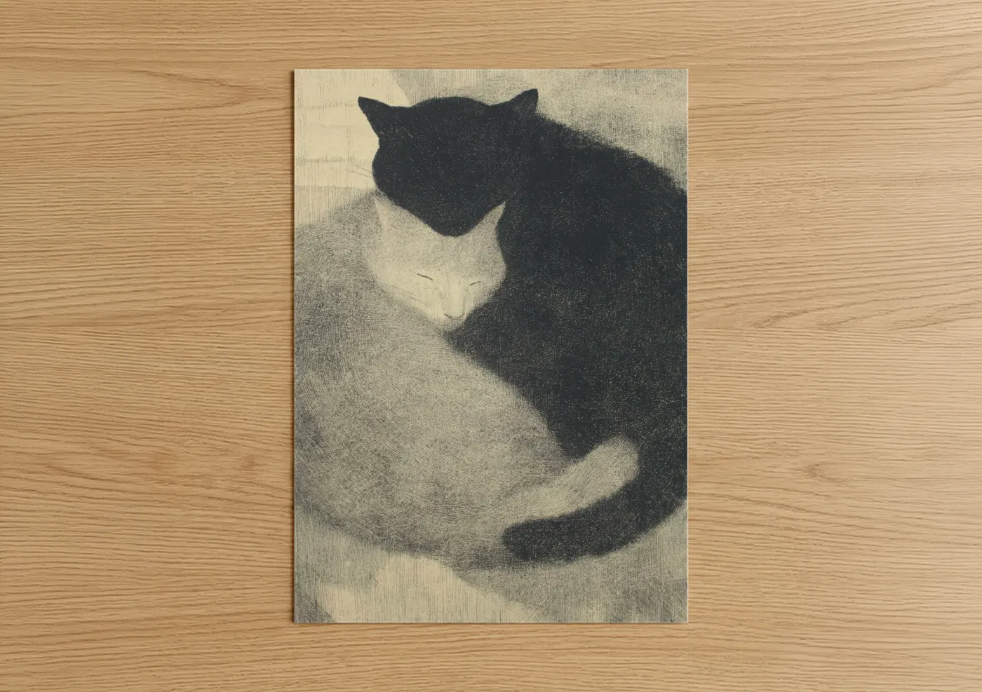 Animals in love art print on warm oak wood — black and white and gray palette — Sleeping Embrace poster