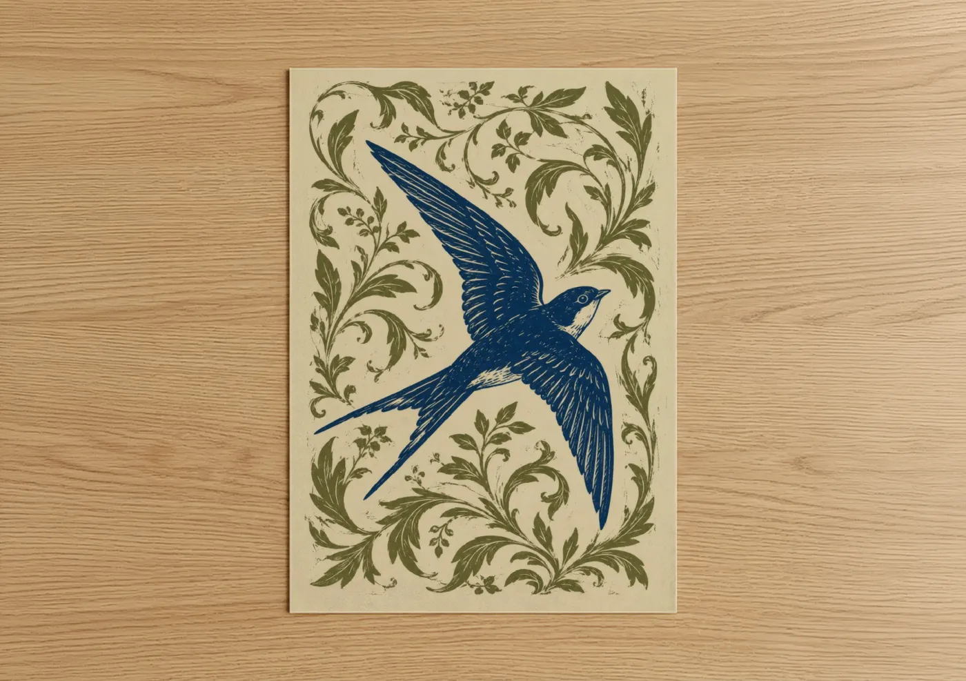 Songbird art print on warm oak wood — blue and olive palette — Blue Swallow Botanical Ornament Wall Art poster