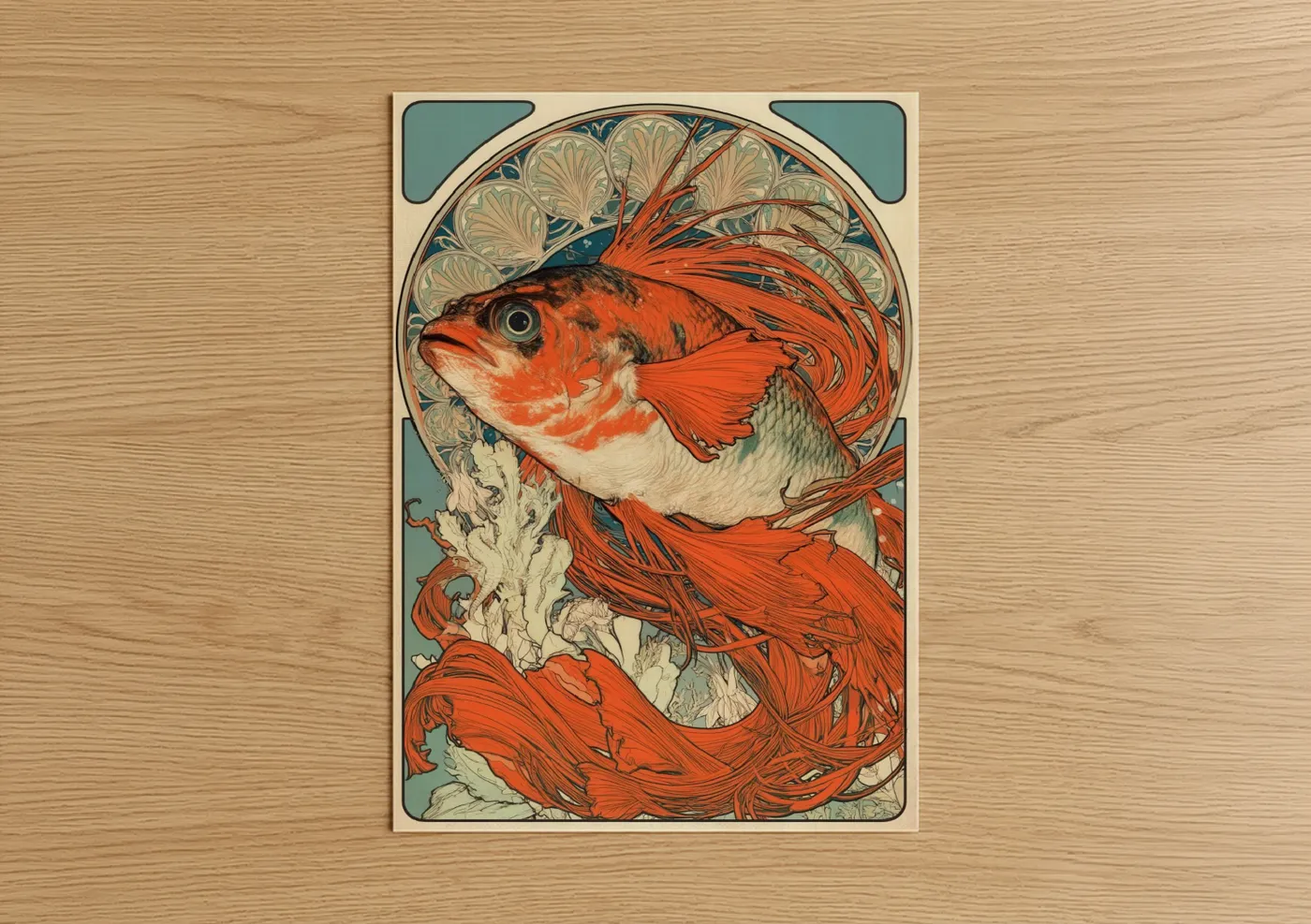 Art print on warm oak wood — red and teal palette — Crimson Dragon Fish poster