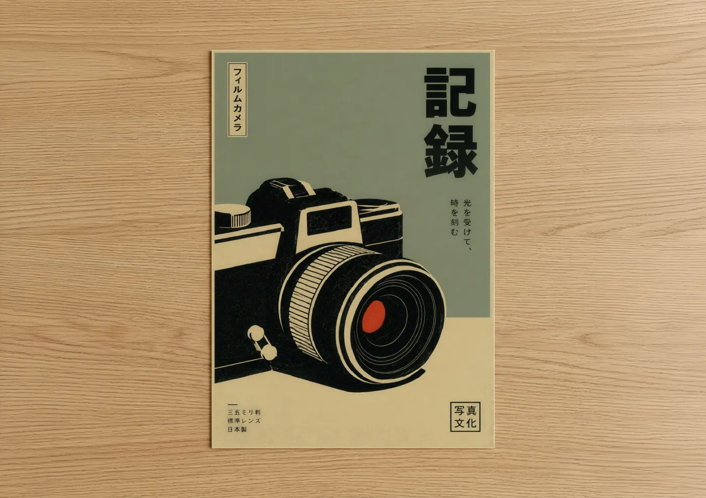 Art print on warm oak wood — black and beige palette — Vintage Japanese Camera Wall Art poster