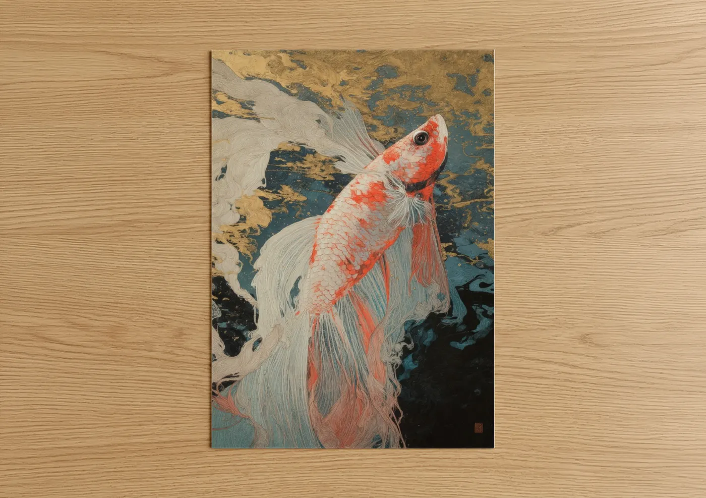 Fighting fish art print on warm oak wood — red and gold palette — Crimson Betta Dance poster