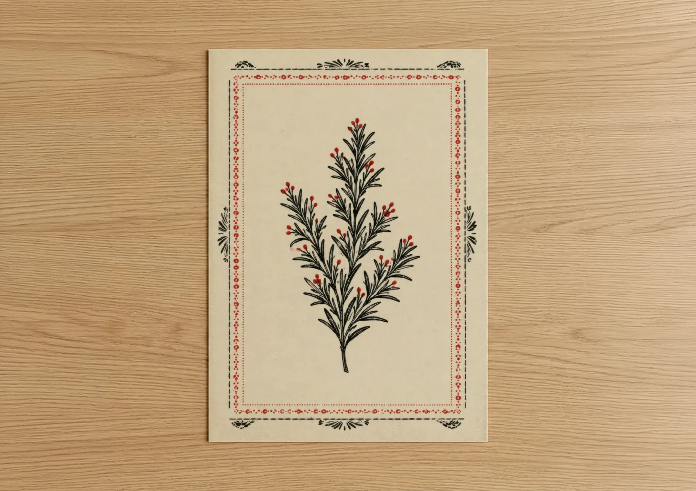 Plant art print on warm oak wood — beige and red palette — Vintage Herb Botanical Wall Art poster