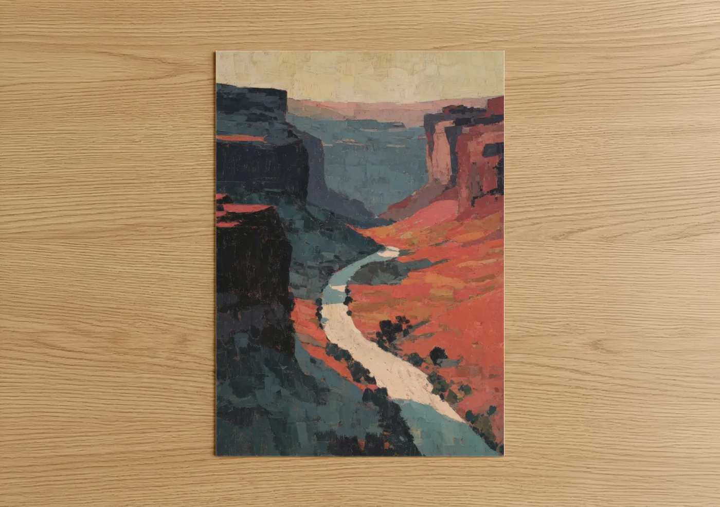Road and highways art print on warm oak wood — dark blue palette — Canyon River Road poster