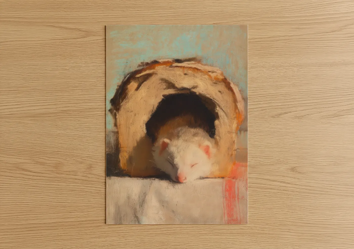 Art print on warm oak wood — peach and brown palette — Curious Ferret Burrow poster