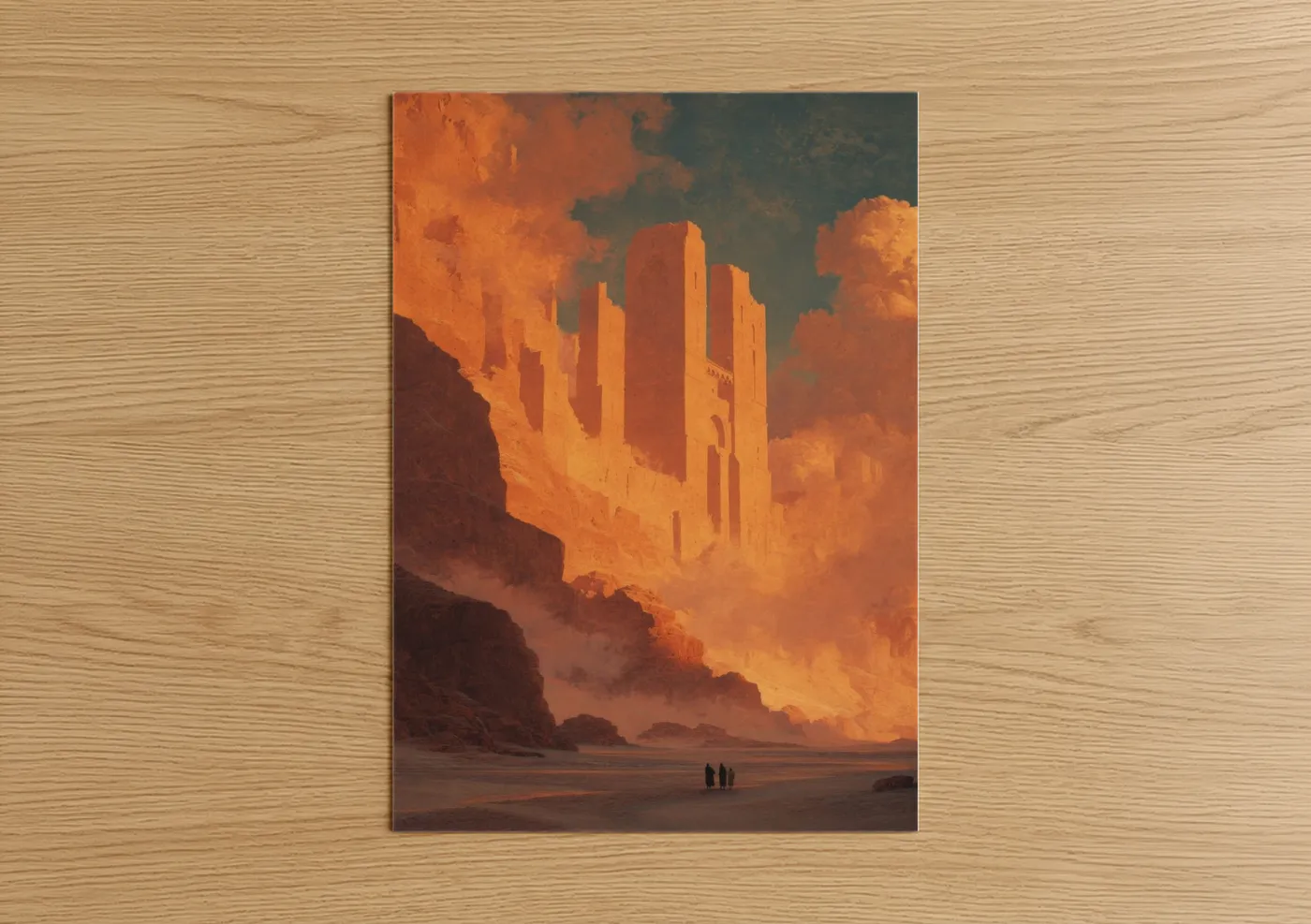 Art print on warm oak wood — gold and orange palette — Golden Cathedral Ruins poster