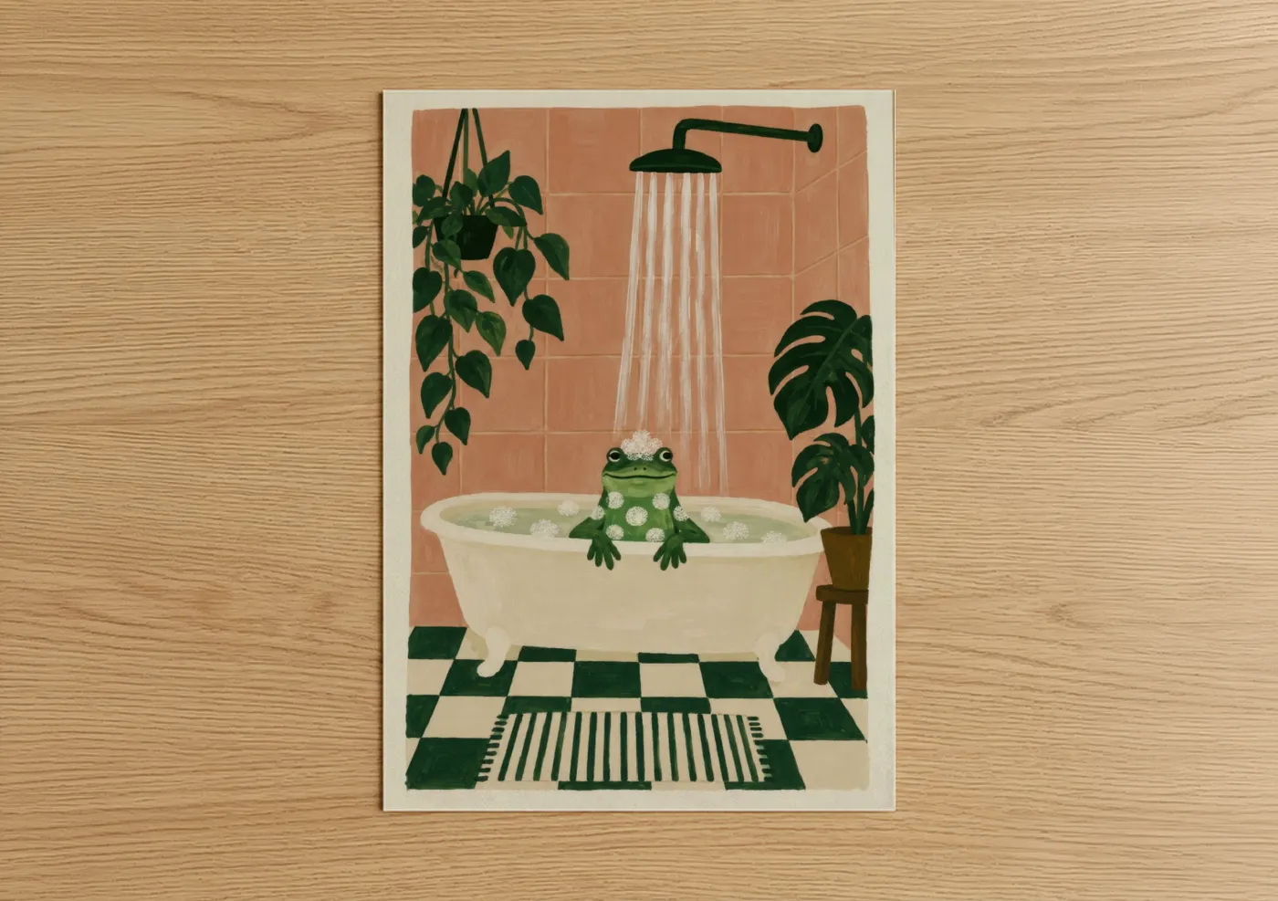 Frogs and toads art print on warm oak wood — peach and true green palette — Whimsical Frog in Bathtub Wall Art poster