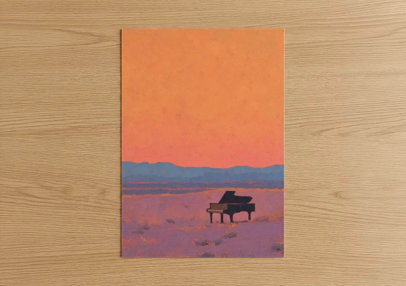 Art print on warm oak wood — peach and purple palette — Desert Piano Sunset poster
