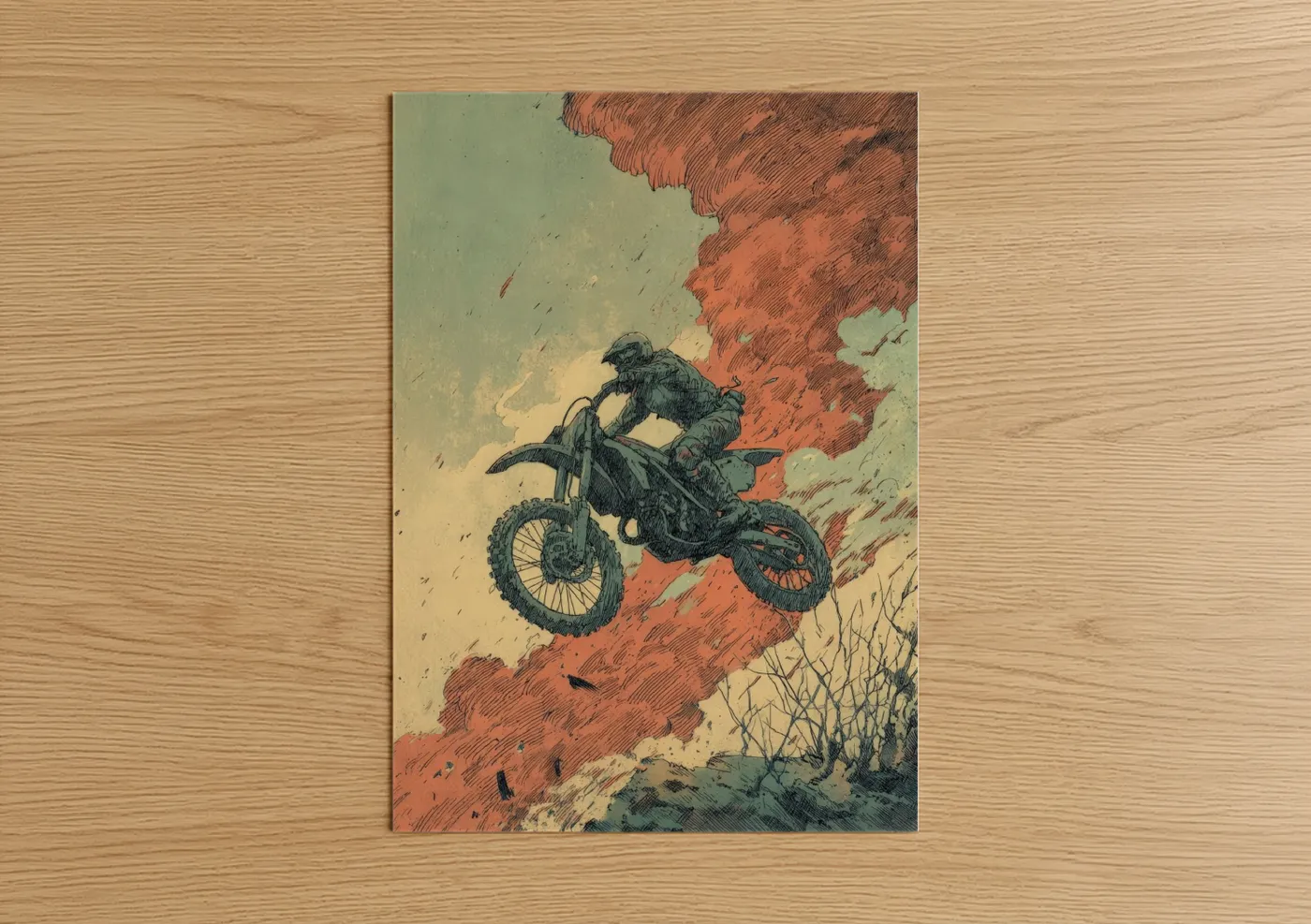 Vintage motorcycle art print on warm oak wood — sage green and russet palette — Desert Stunt Rider poster