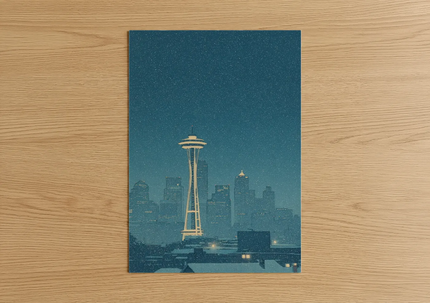 Space Needle Seattle Winter Night Illustration Wall Art