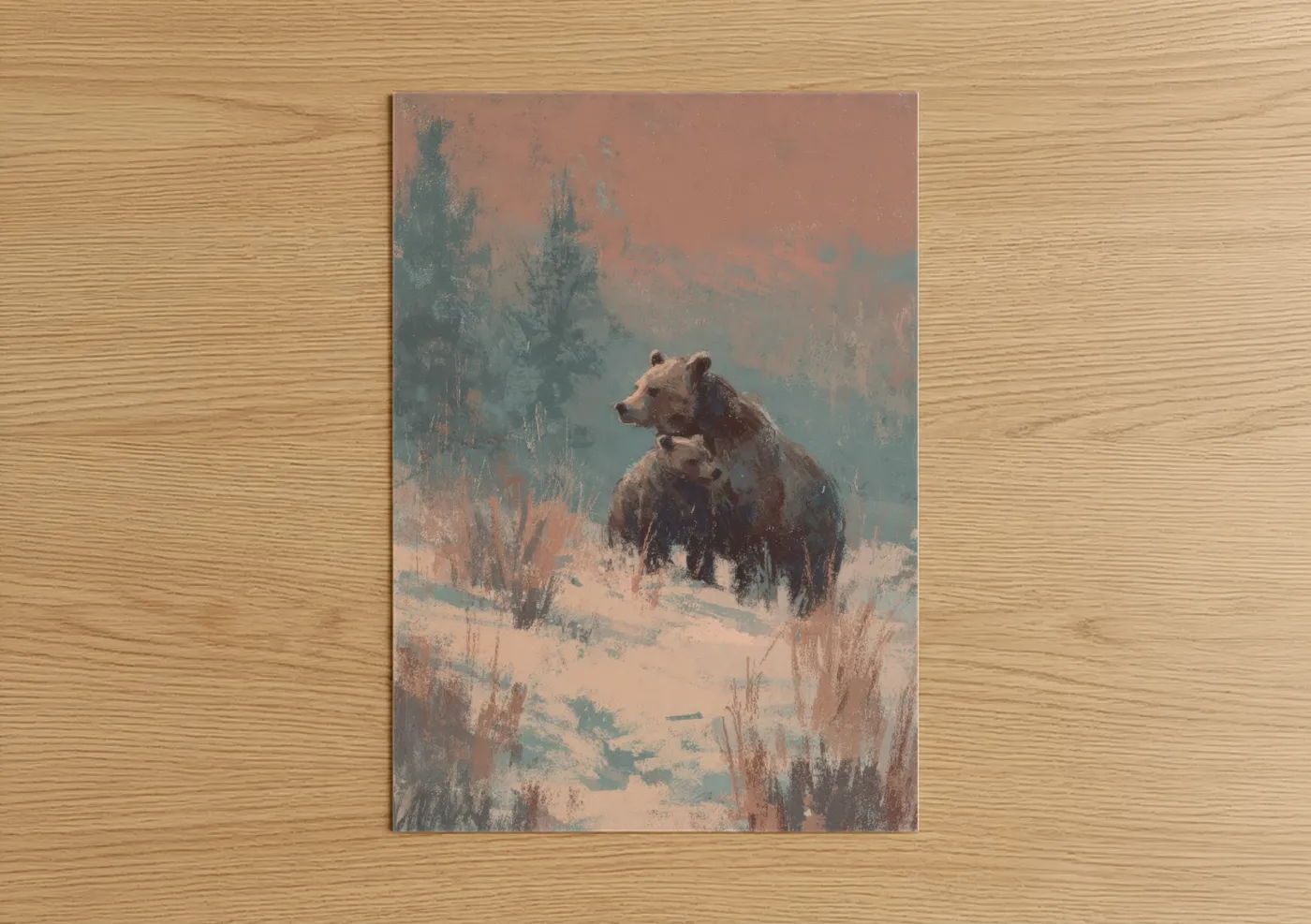 Grizzly Bear Winter Landscape Painting Wall Art