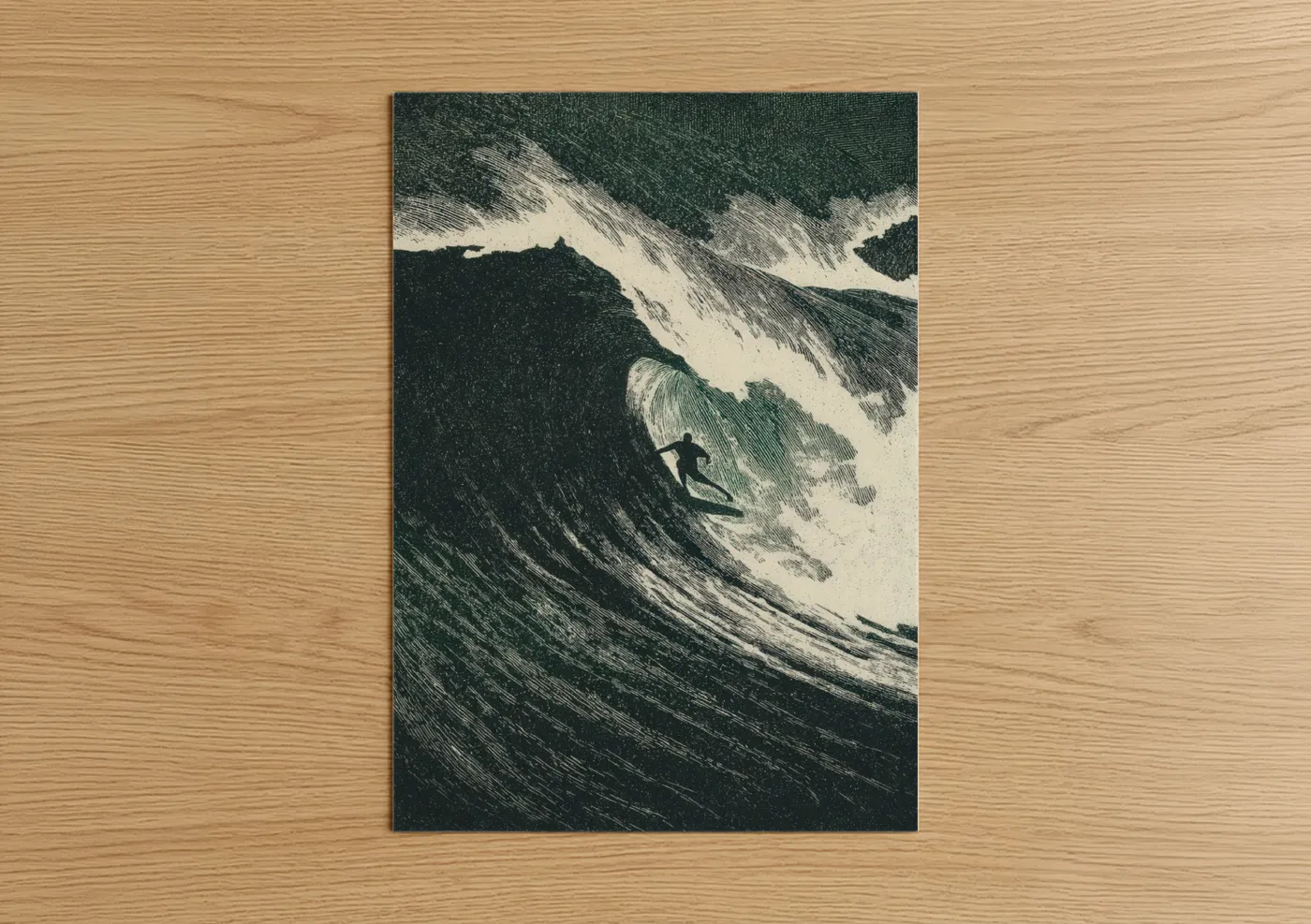 Surfer Riding Massive Wave Illustration Wall Art