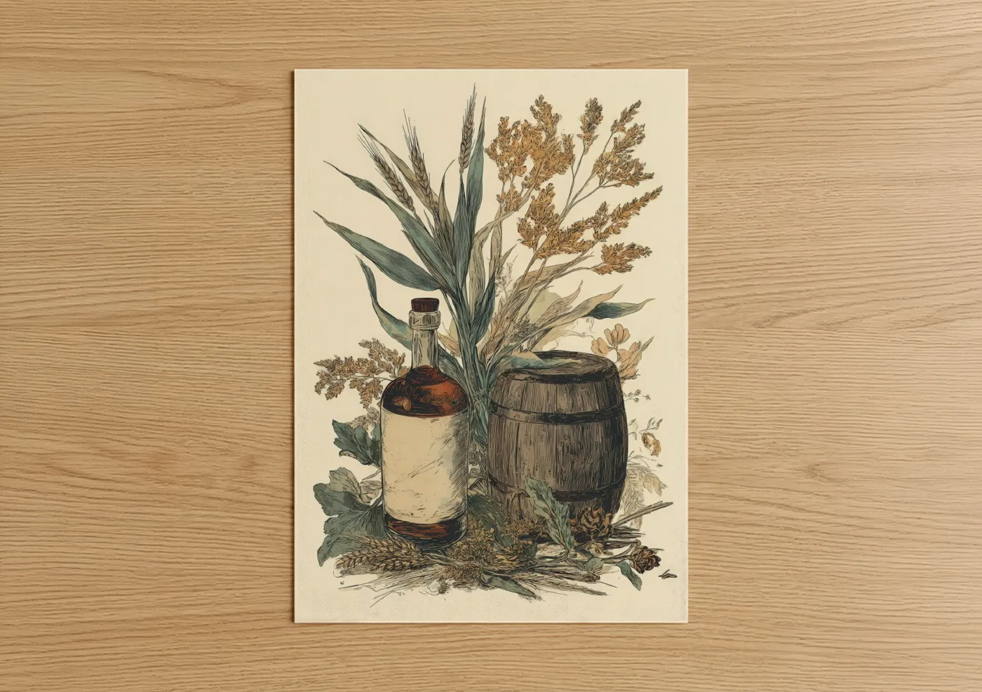 Harvest Whiskey Bottle Botanical Illustration Wall Art
