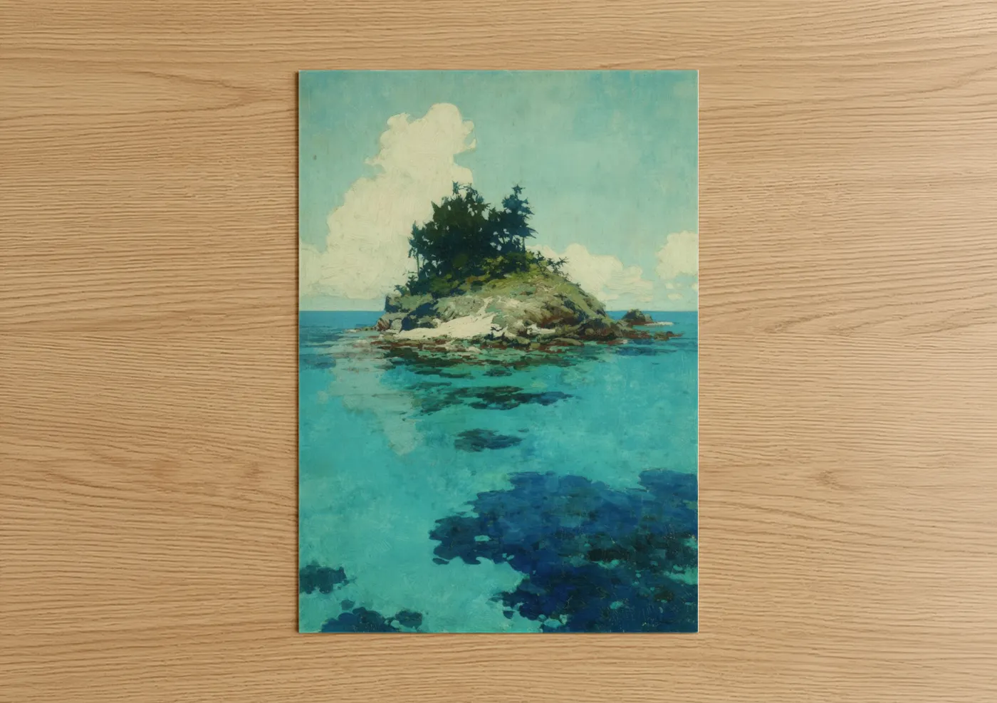 Art print on warm oak wood — turquoise and cream palette — Tropical Island Paradise poster