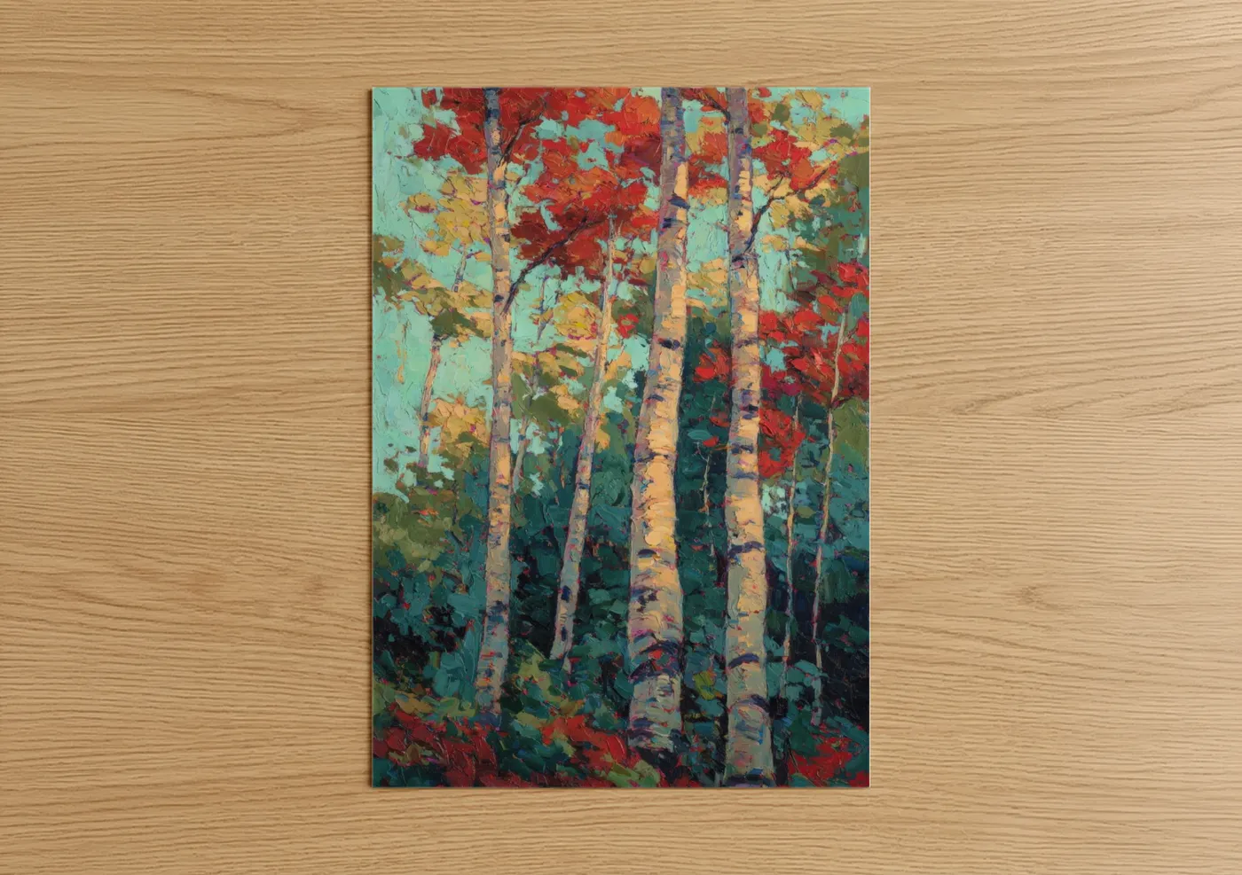 Birch tree art print on warm oak wood — turquoise and red palette — Autumn Birch Forest poster