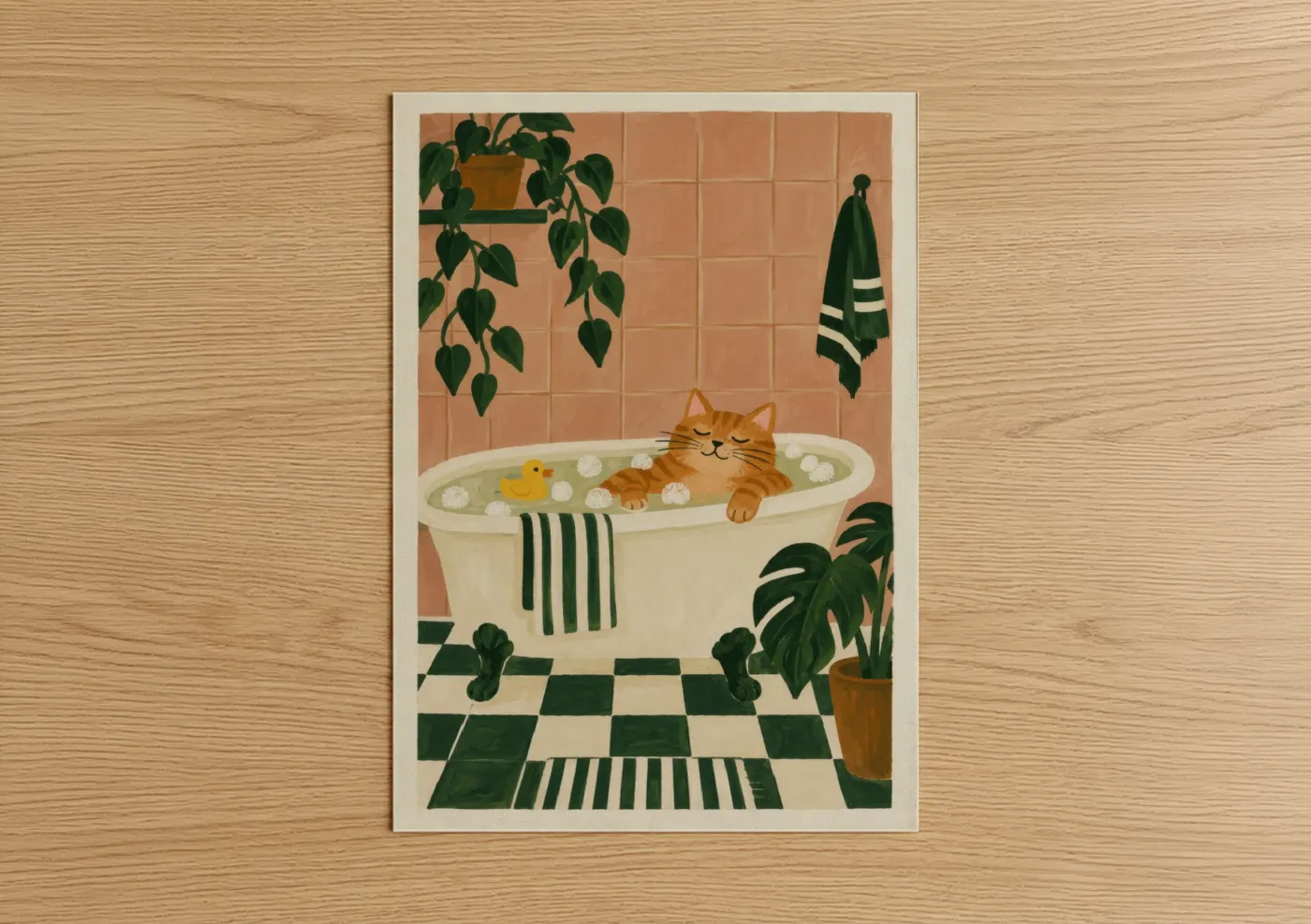 Art print on warm oak wood — beige and true green palette — Orange Cat Relaxing in Bath Wall Art poster