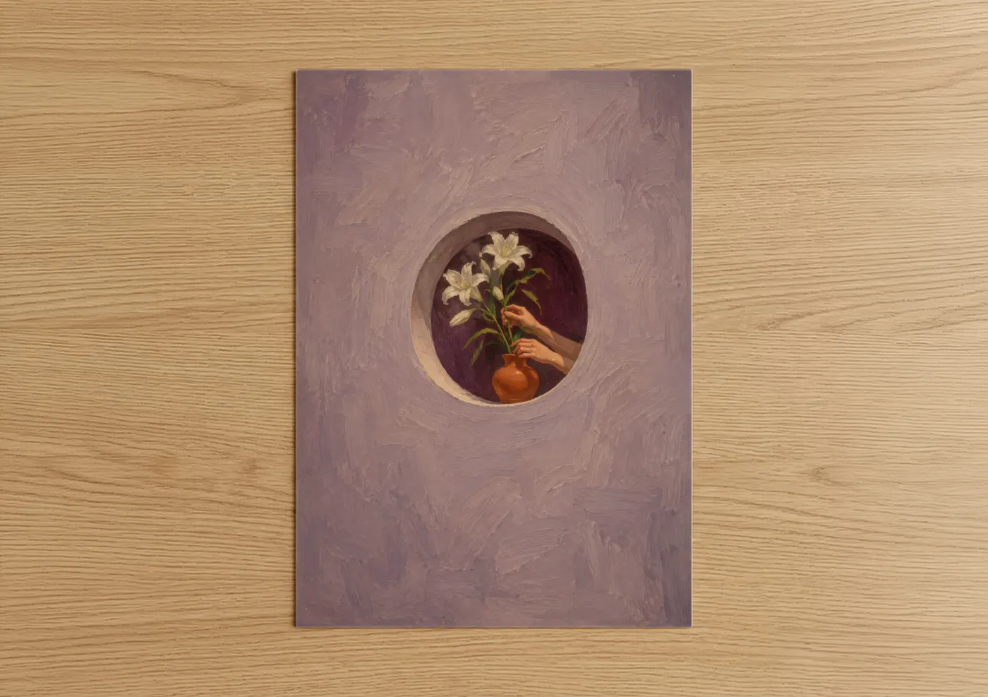 Art print on warm oak wood — lavender and peach palette — White Lily Window Niche Wall Art poster