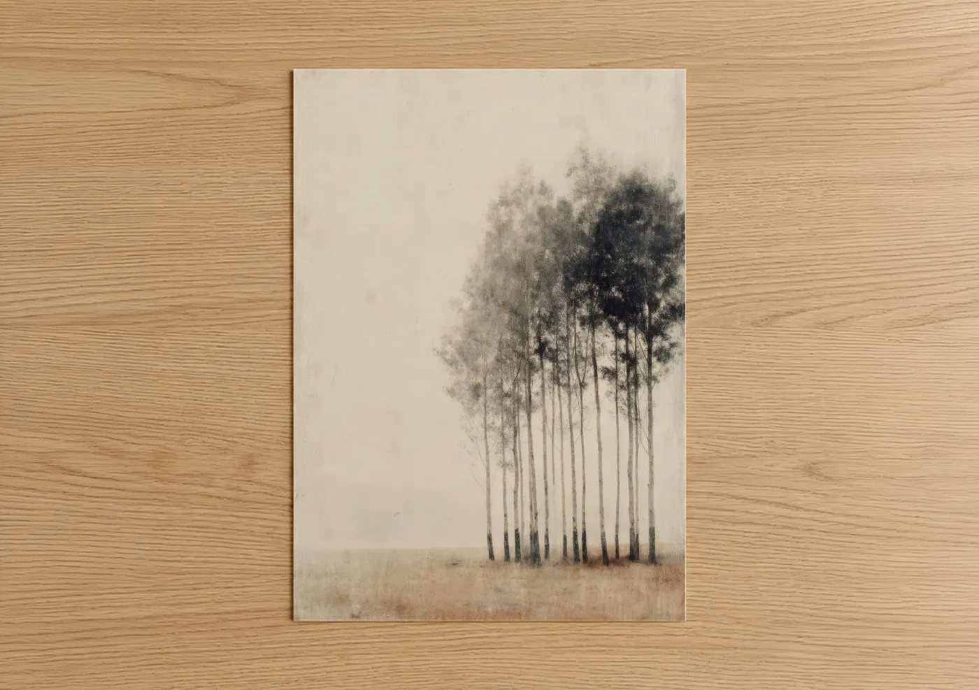Art print on warm oak wood — gray and cream palette — Eucalyptus Forest poster
