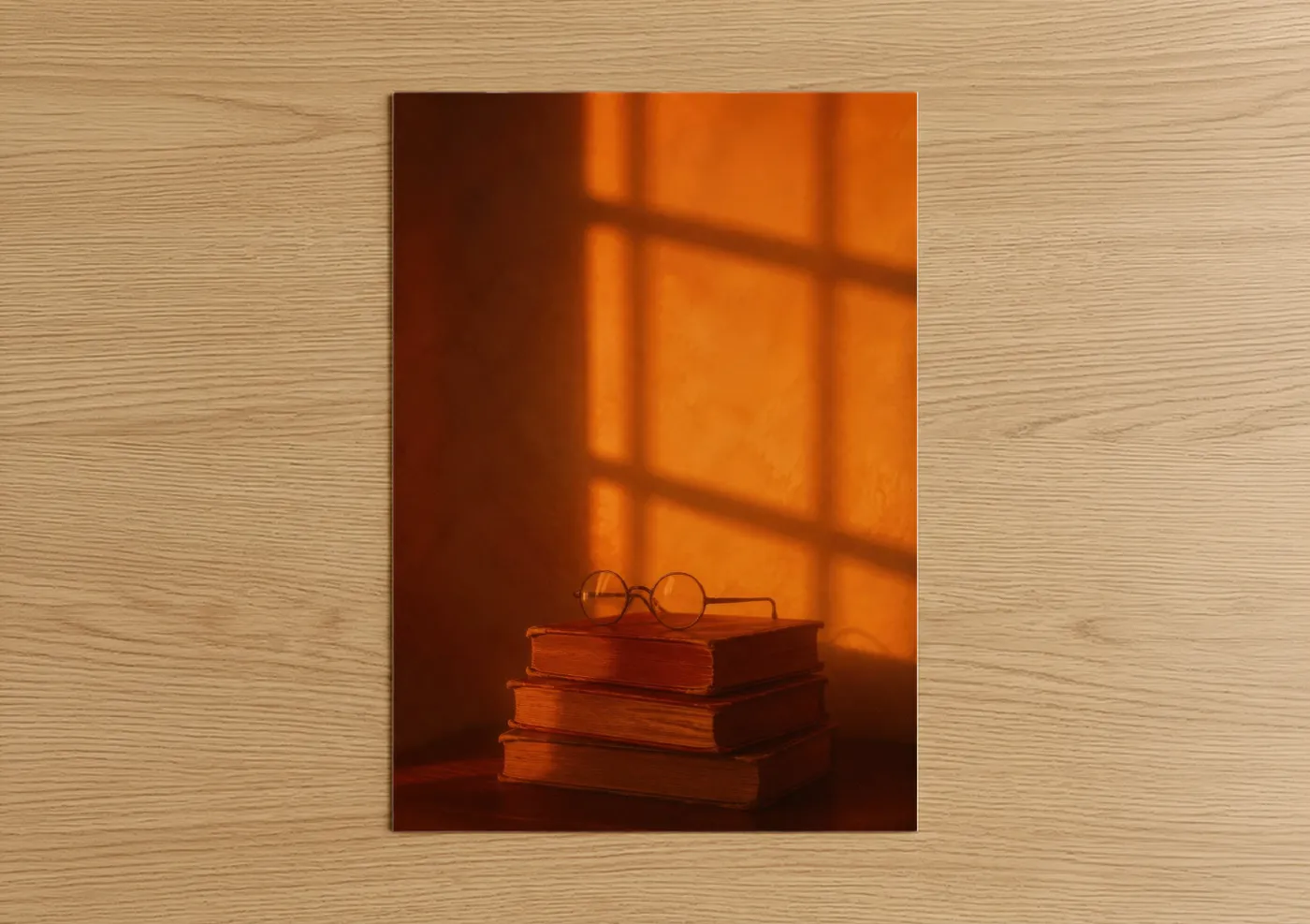Reading art print on warm oak wood — orange and brown palette — Vintage Books and Eyeglasses Wall Art poster