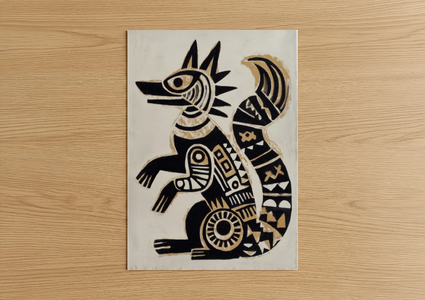 Abstract traditional art print on warm oak wood — black and gold palette — Mythical Beast Totem poster