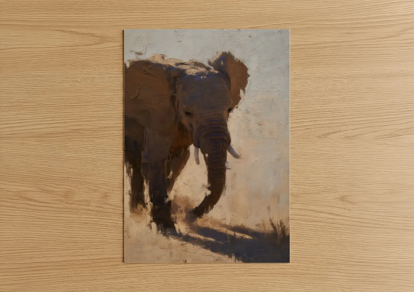 Art print on warm oak wood — brown and cream palette — Golden Savanna Elephant poster