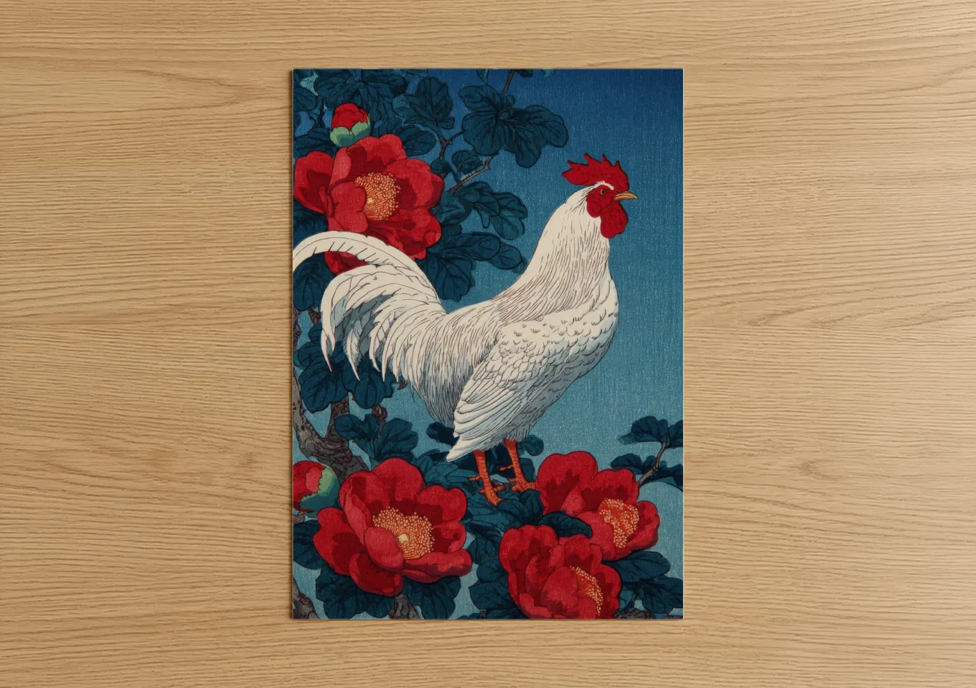 White Rooster Red Flowers Japanese Wall Art