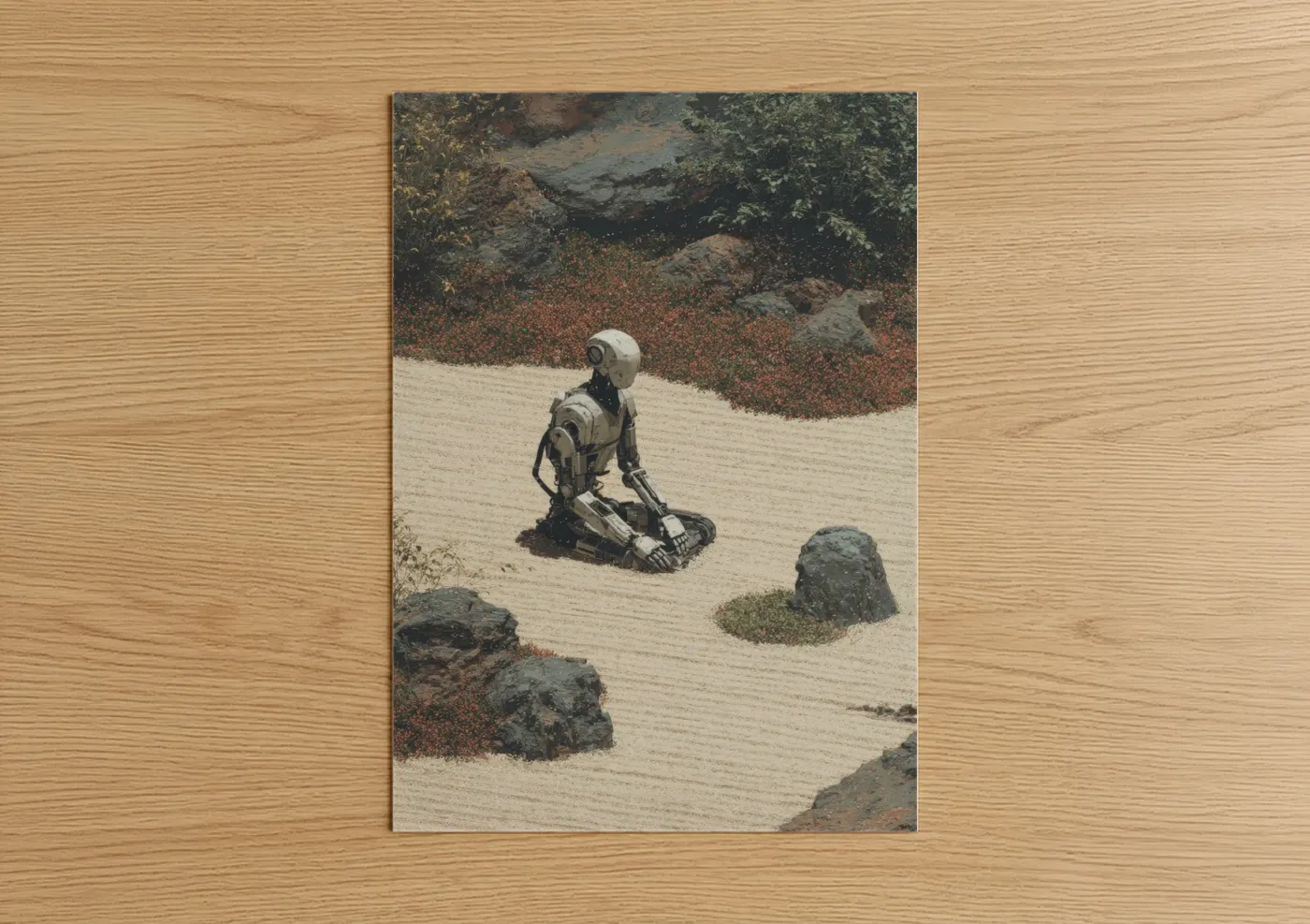 Sci-fi art print on warm oak wood — russet and beige palette — Desert Explorer Robot poster