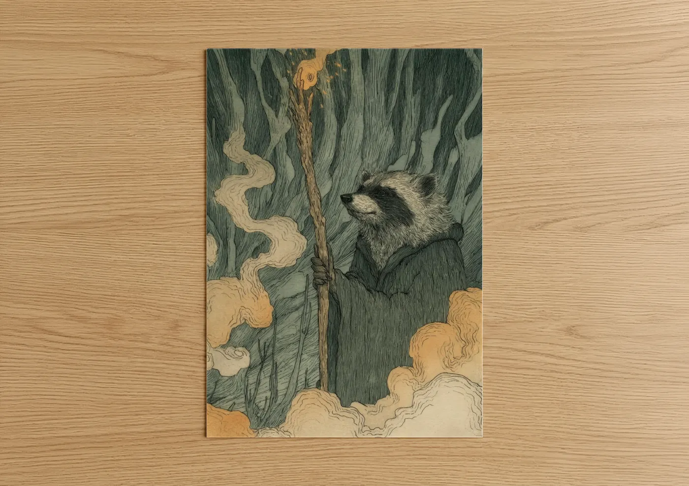 Mystical Raccoon Woodland Illustration Wall Art
