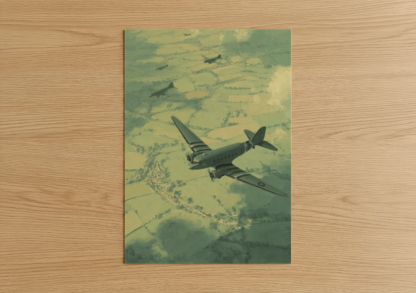 Military plane art print on warm oak wood — cream and light green palette — Warbird Formation poster