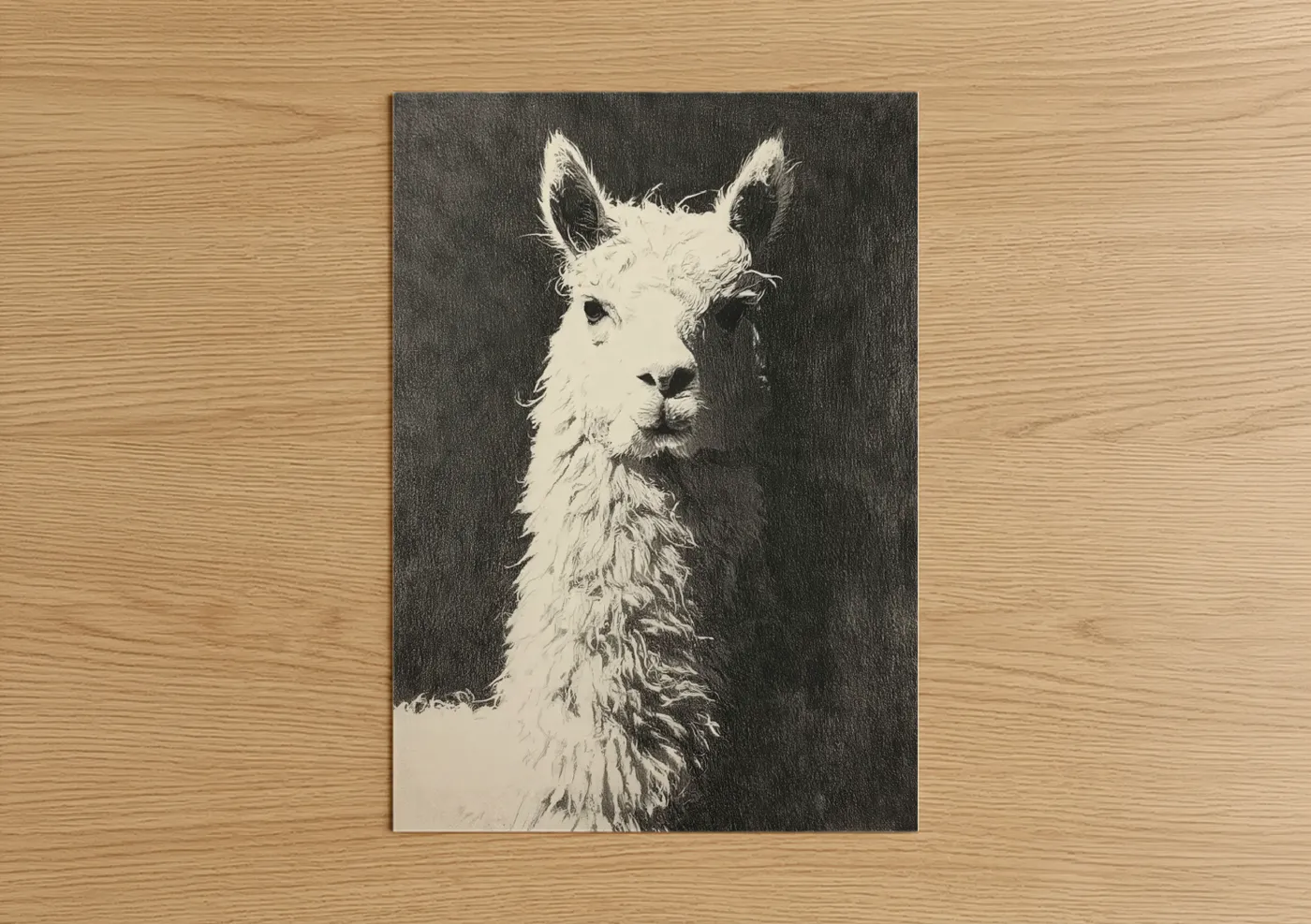 Art print on warm oak wood — black and white palette — Serene Alpaca poster
