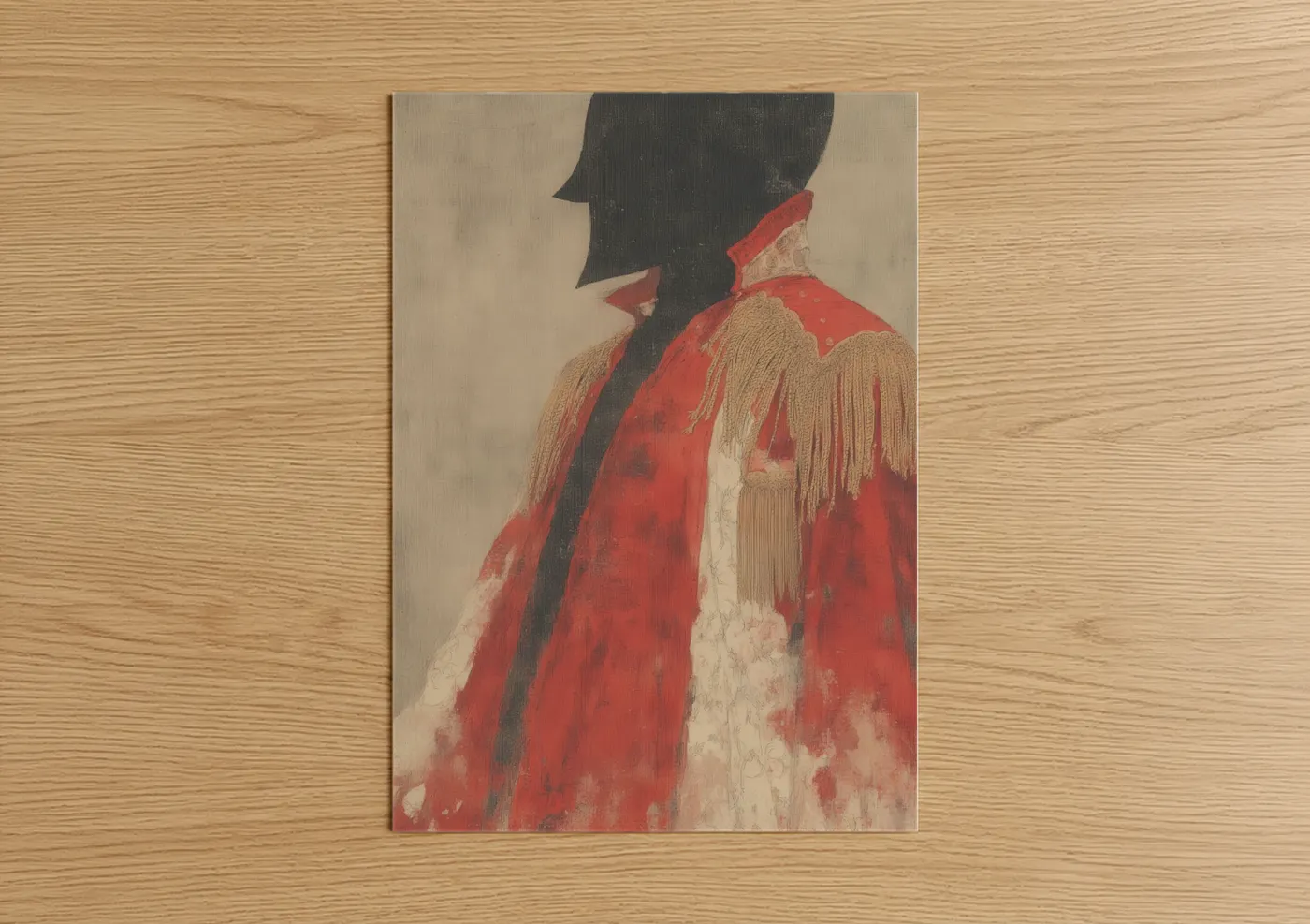 Vintage fashion art print on warm oak wood — red and cream palette — Scarlet Elegance poster