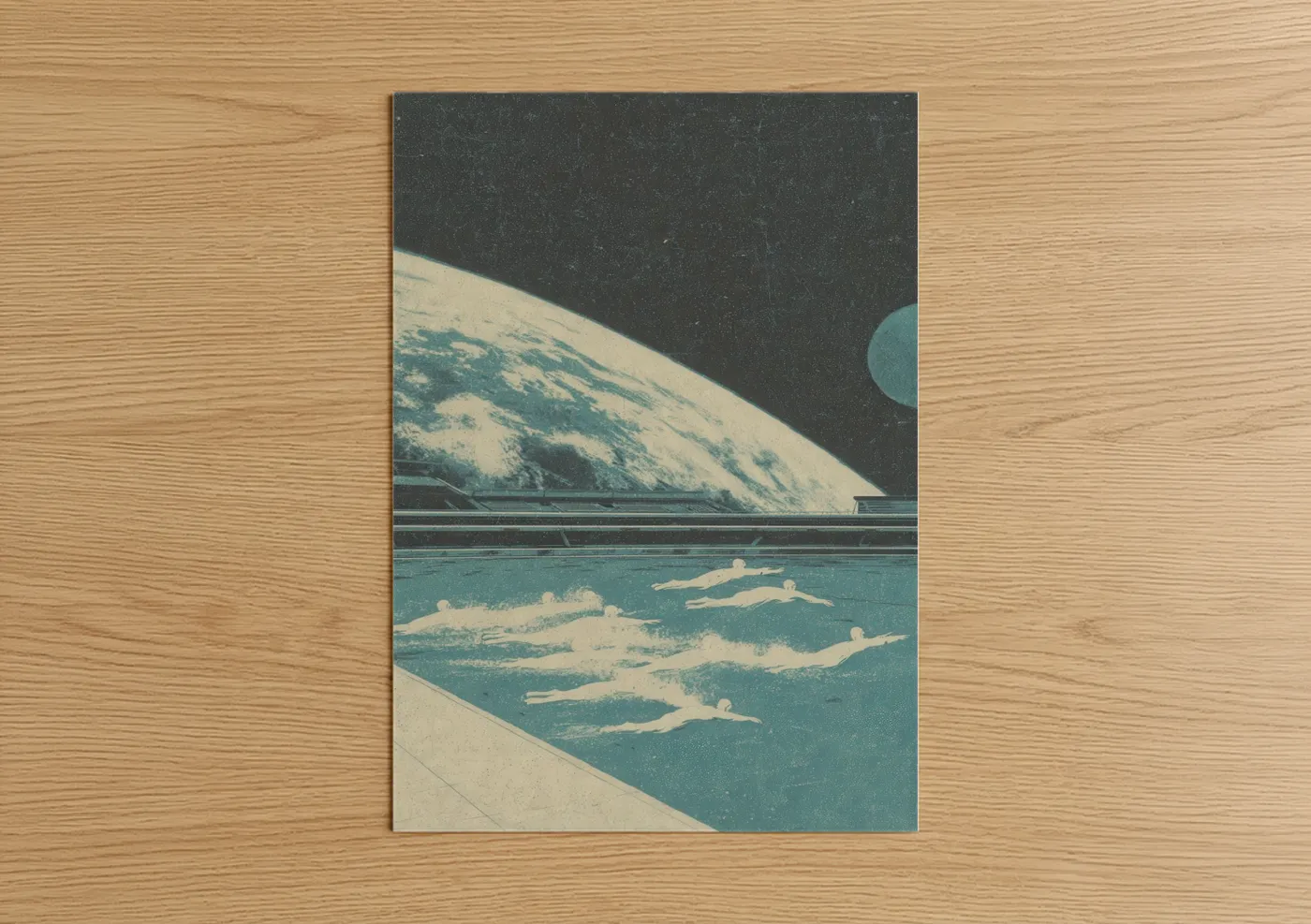 Synchronized swimming art print on warm oak wood — teal and cream palette — Orbital Swimmers poster