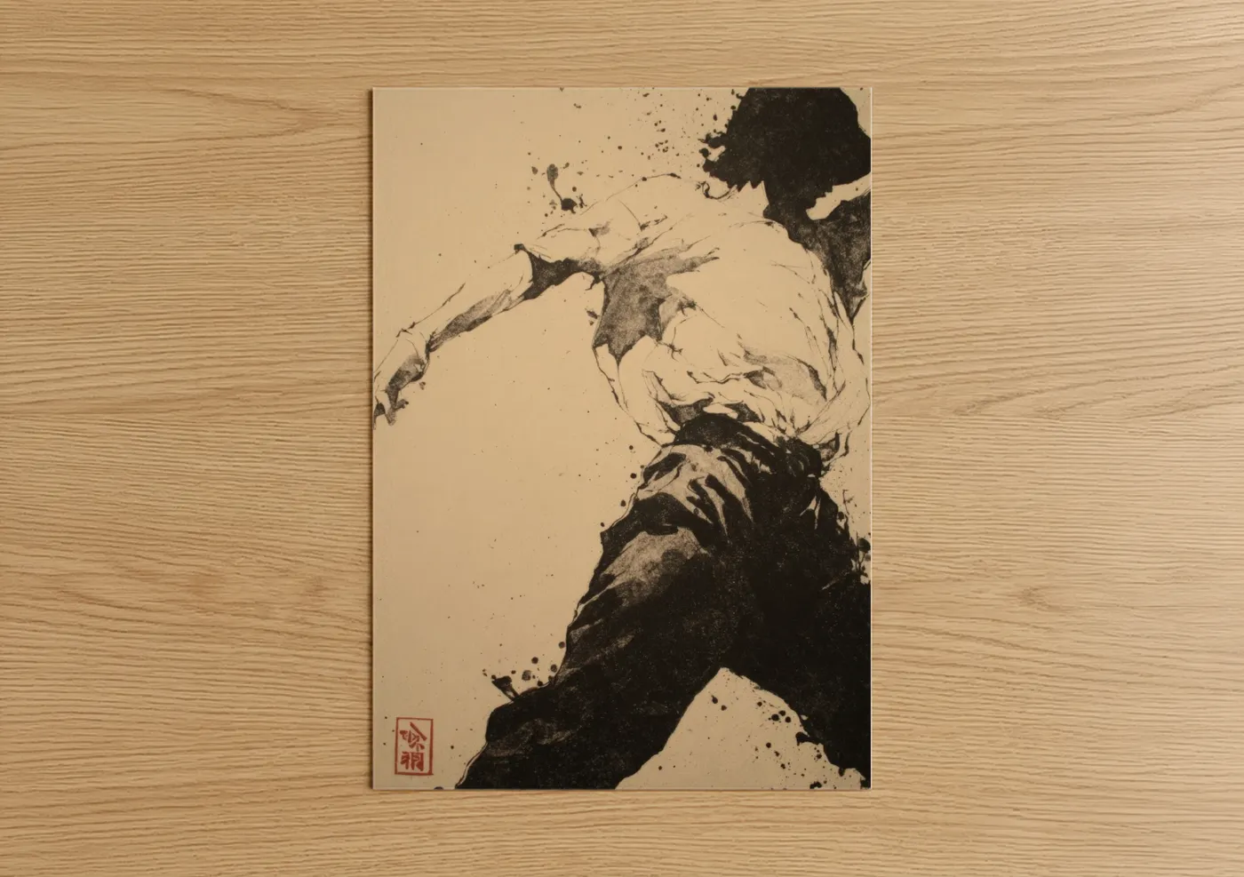 Art print on warm oak wood — black and white and cream palette — Dynamic Zumba Dancer poster